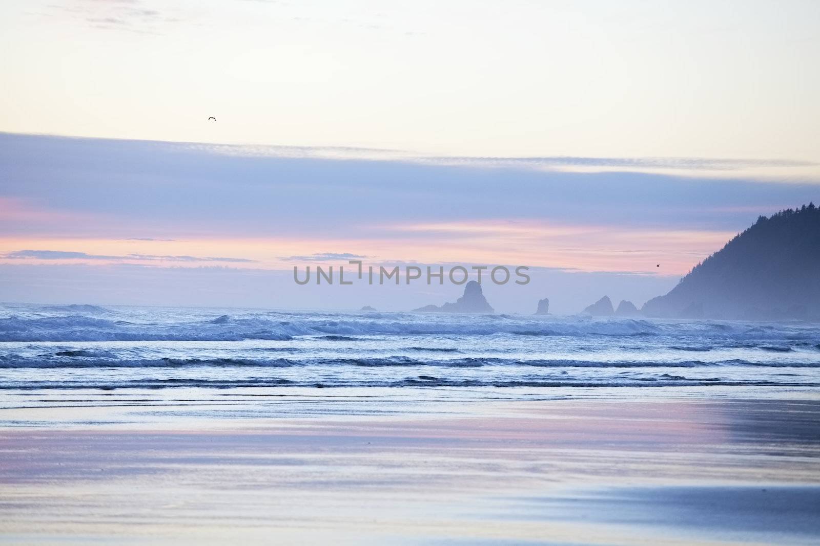 Colorful pastel hues in sky over Cannon Beach, Oregon with waves crashing on waves