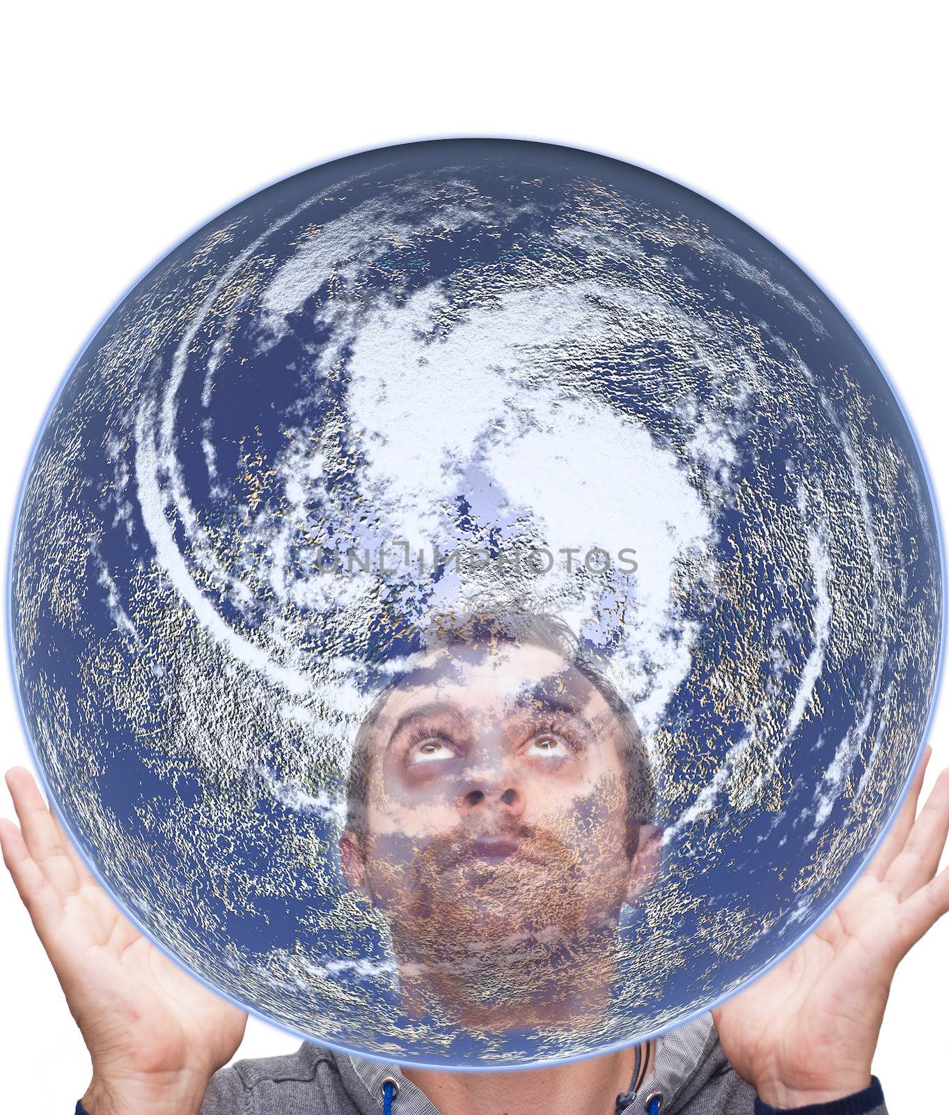 man holds the earth and looks inside