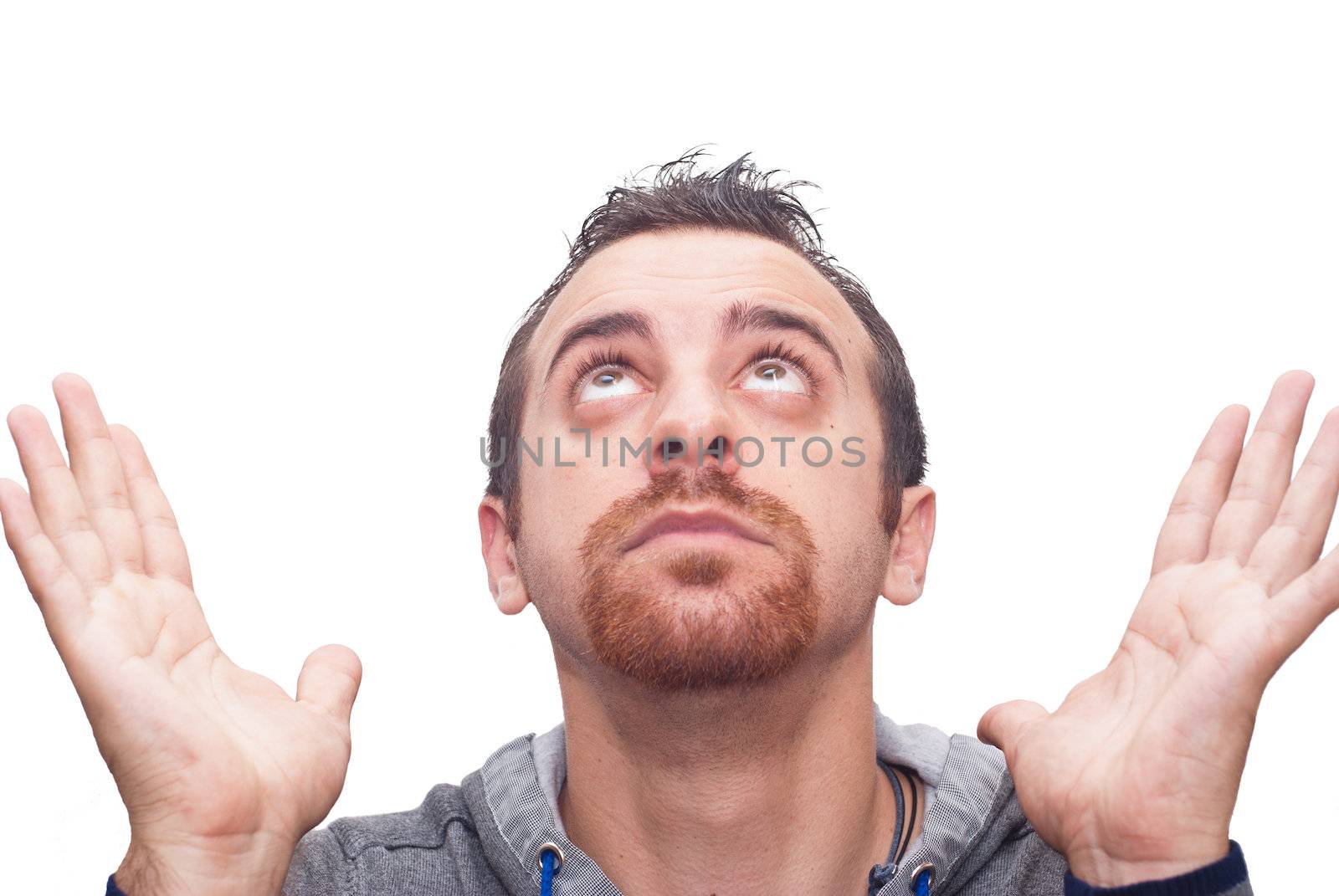 Close up man with open hands and looking up ,meditating