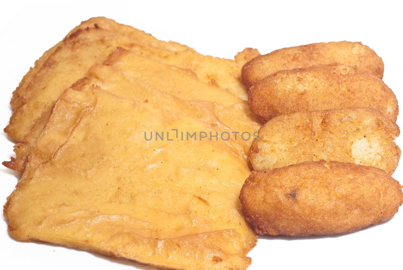 Sandwich with panelle and crocchette on white background. typical Sicilian food