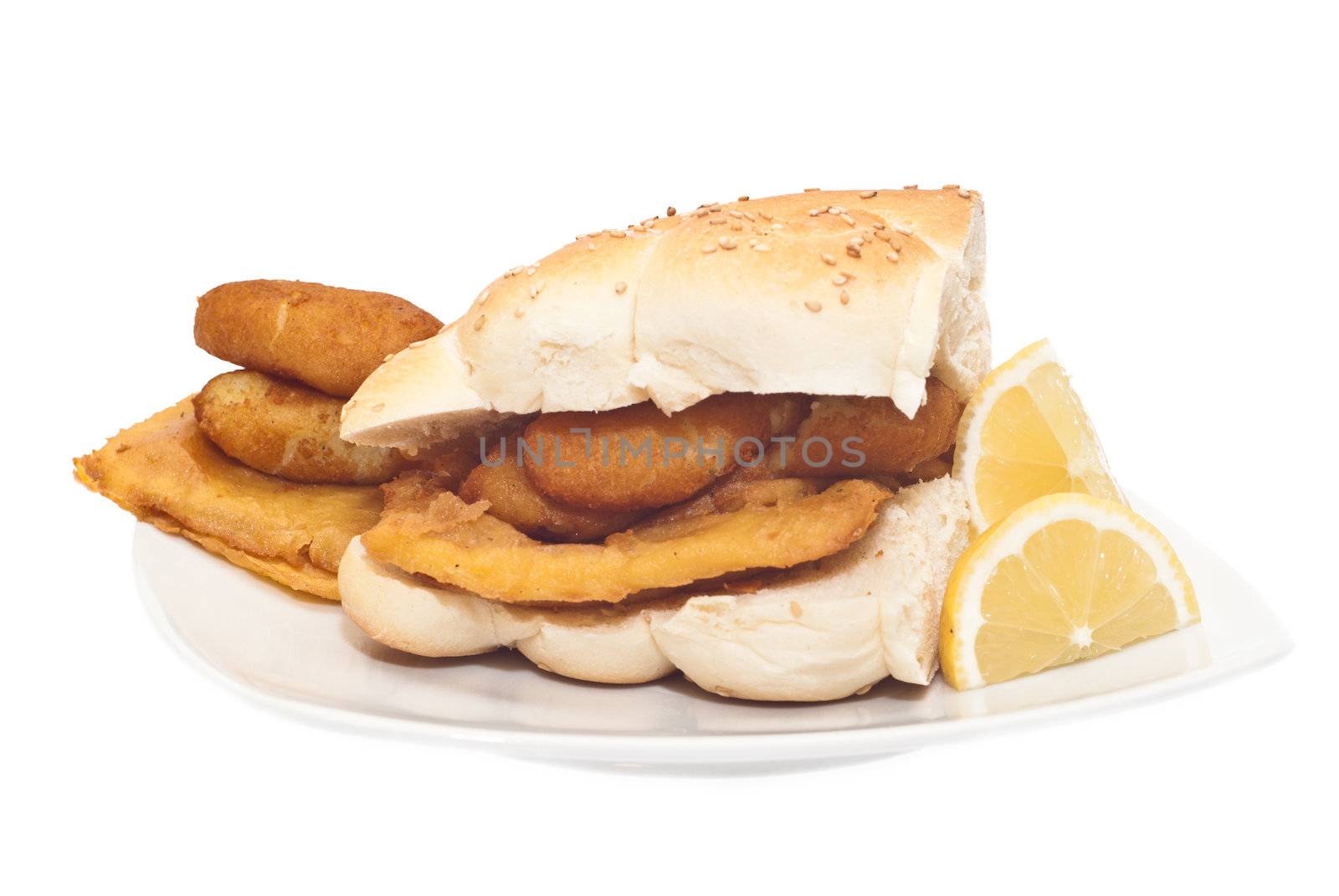 Sandwich with panelle and crocchette on white background. typical Sicilian food