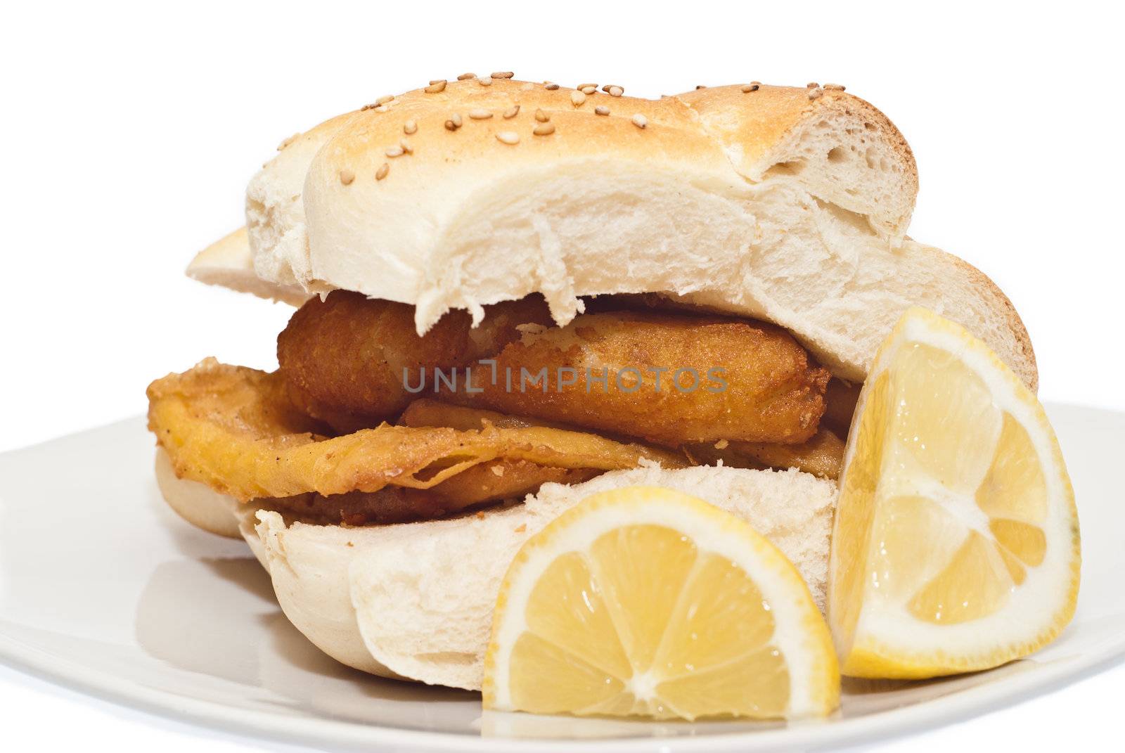 Sandwich with panelle and crocchette on white background. typical Sicilian food