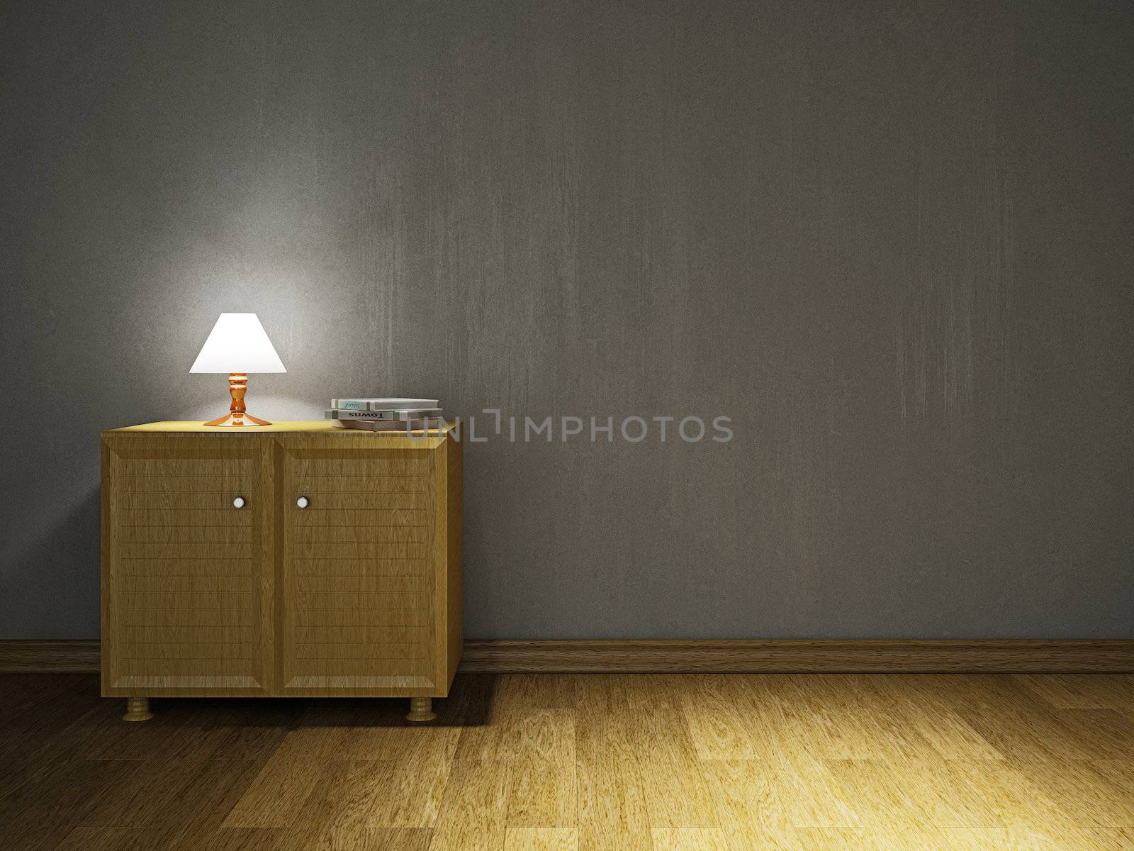 Dresser and lamp near the old wall