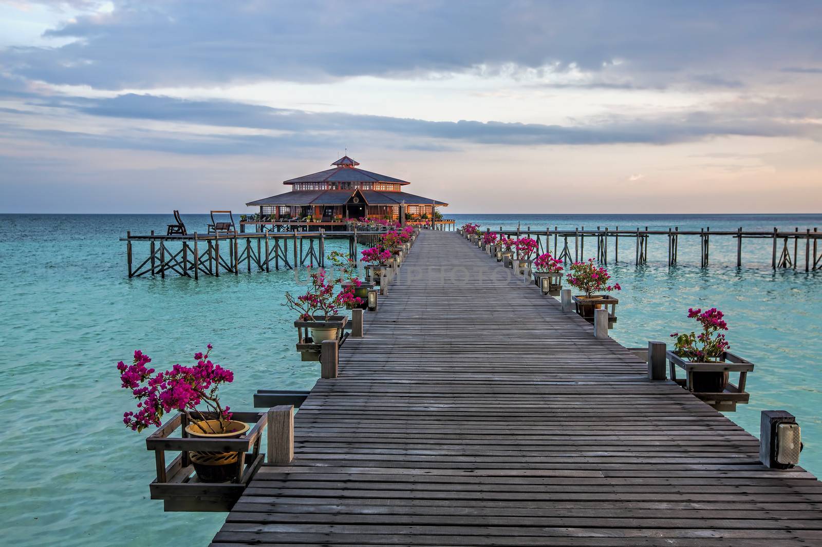 Lankayan island resort at sunset in Borneo, Malaysia