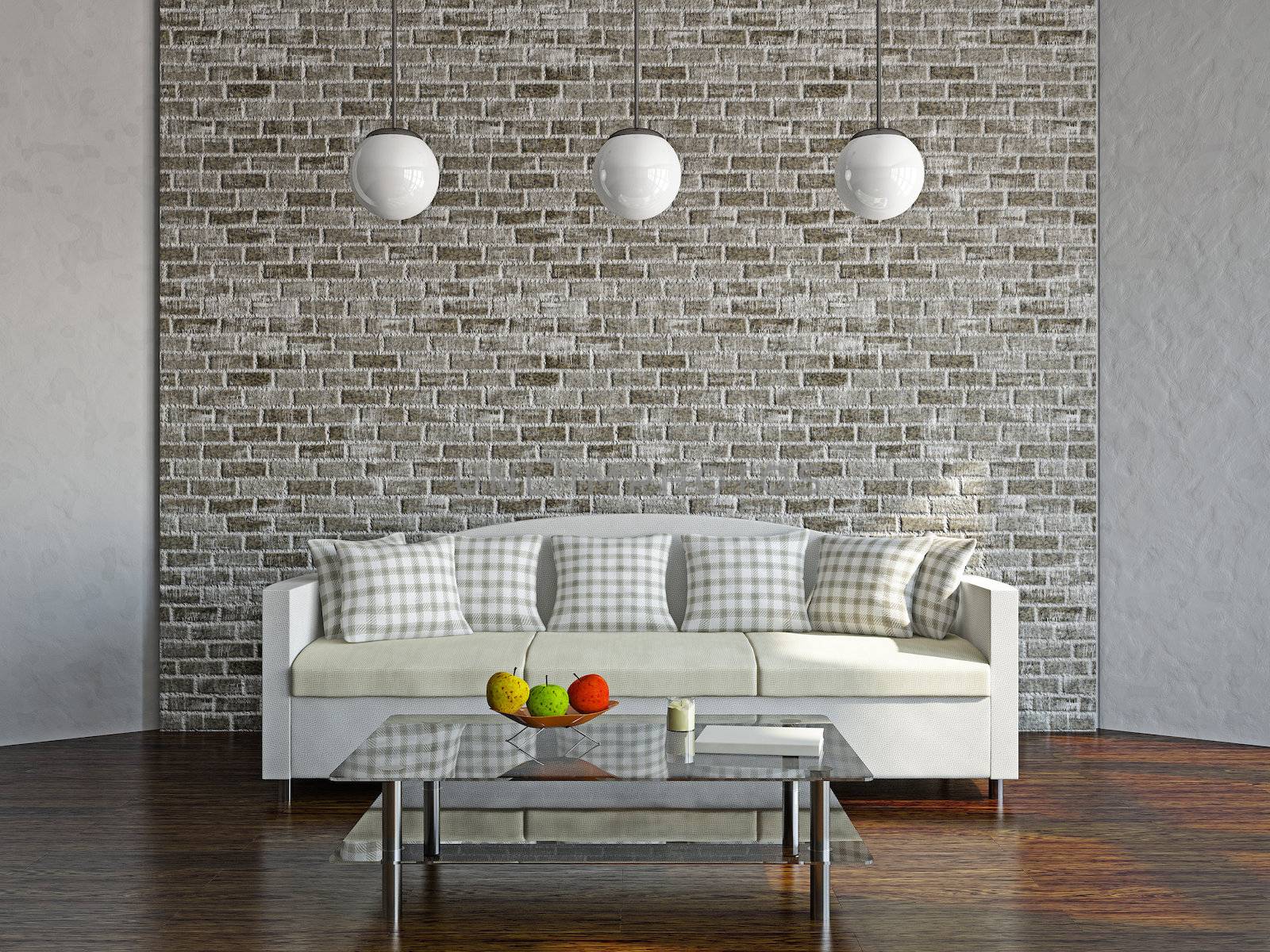 Livingroom with sofa near the wall