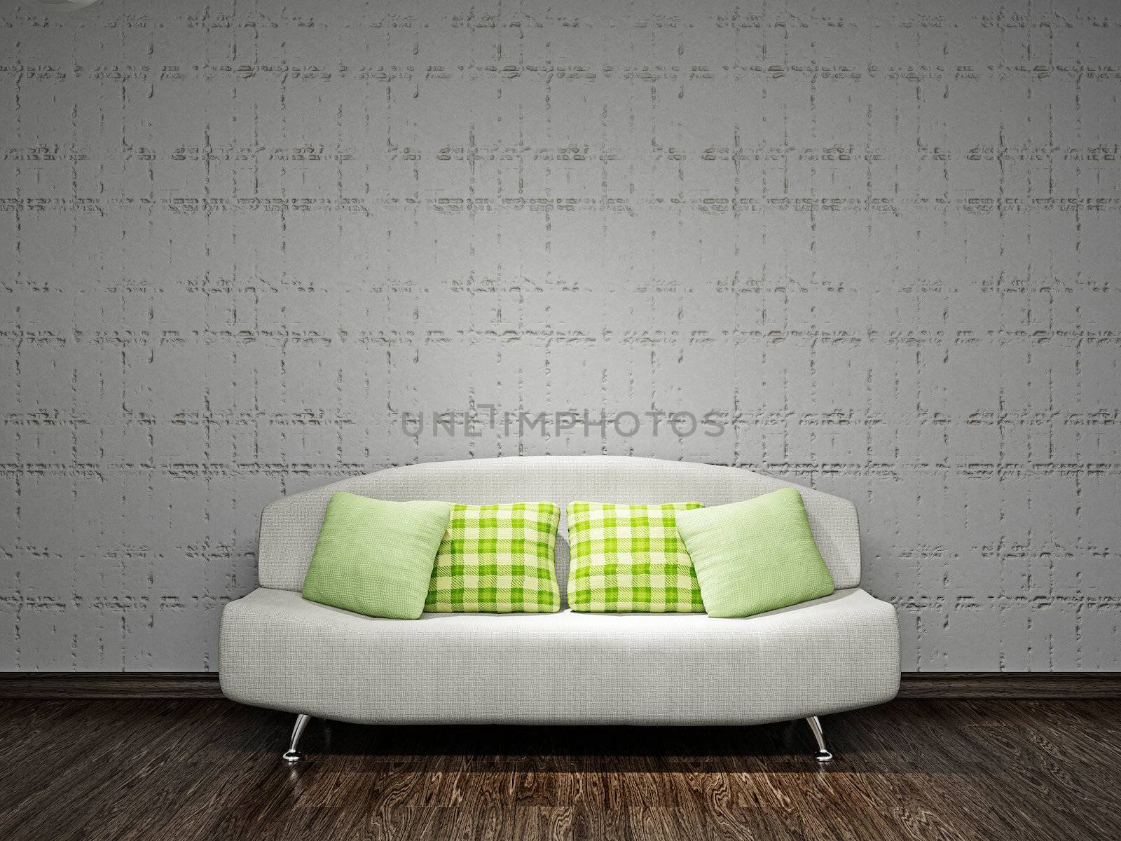 White sofa with pillows near the concrete wall