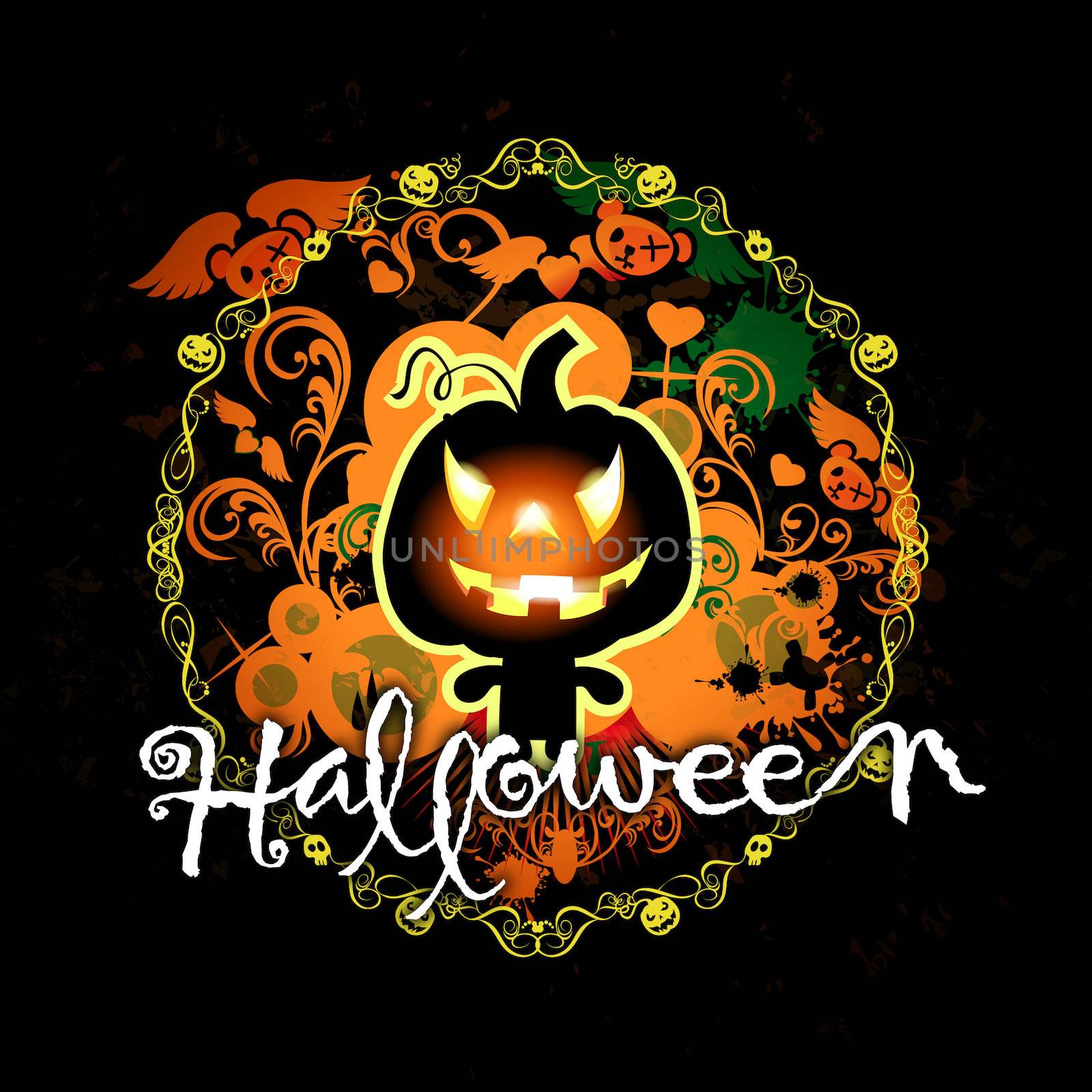 illustration with text halloween and pumpkin monster