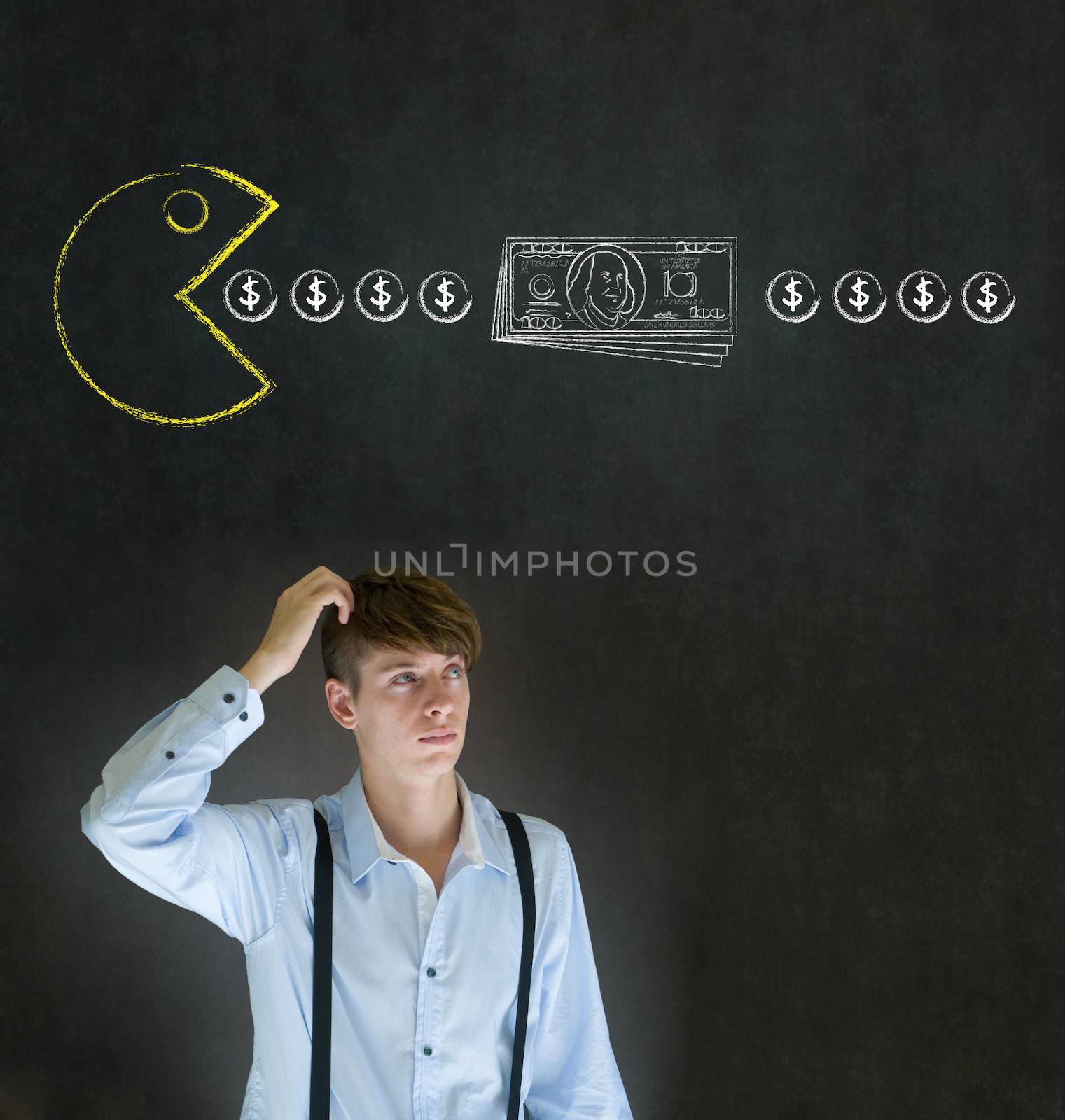 Business man with pacman on blackboard by alistaircotton