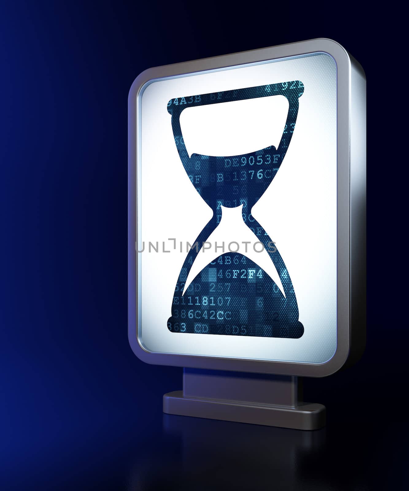 Timeline concept: Hourglass on advertising billboard background, 3d render