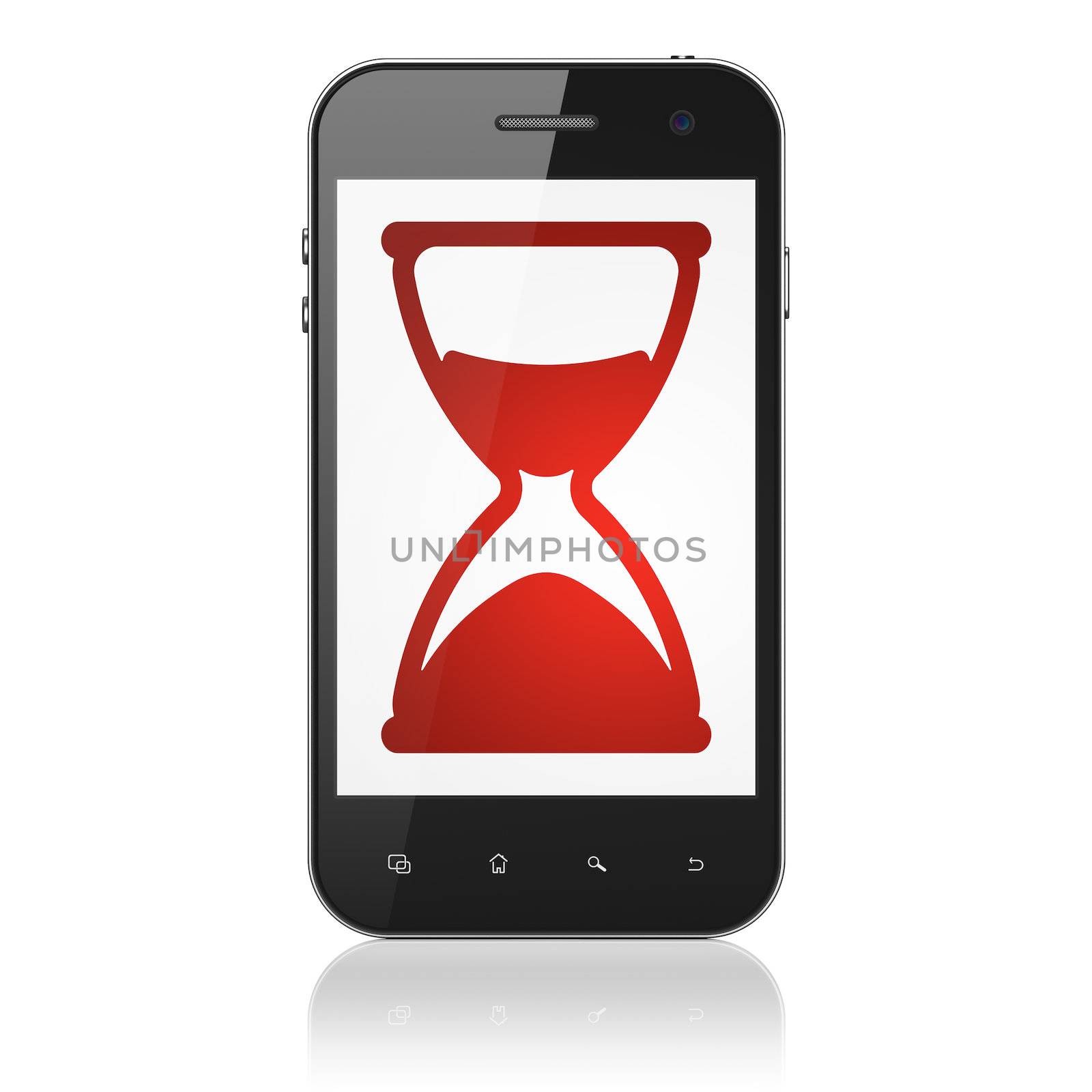 Timeline concept: smartphone with Hourglass icon on display. Mobile smart phone on White background, cell phone 3d render