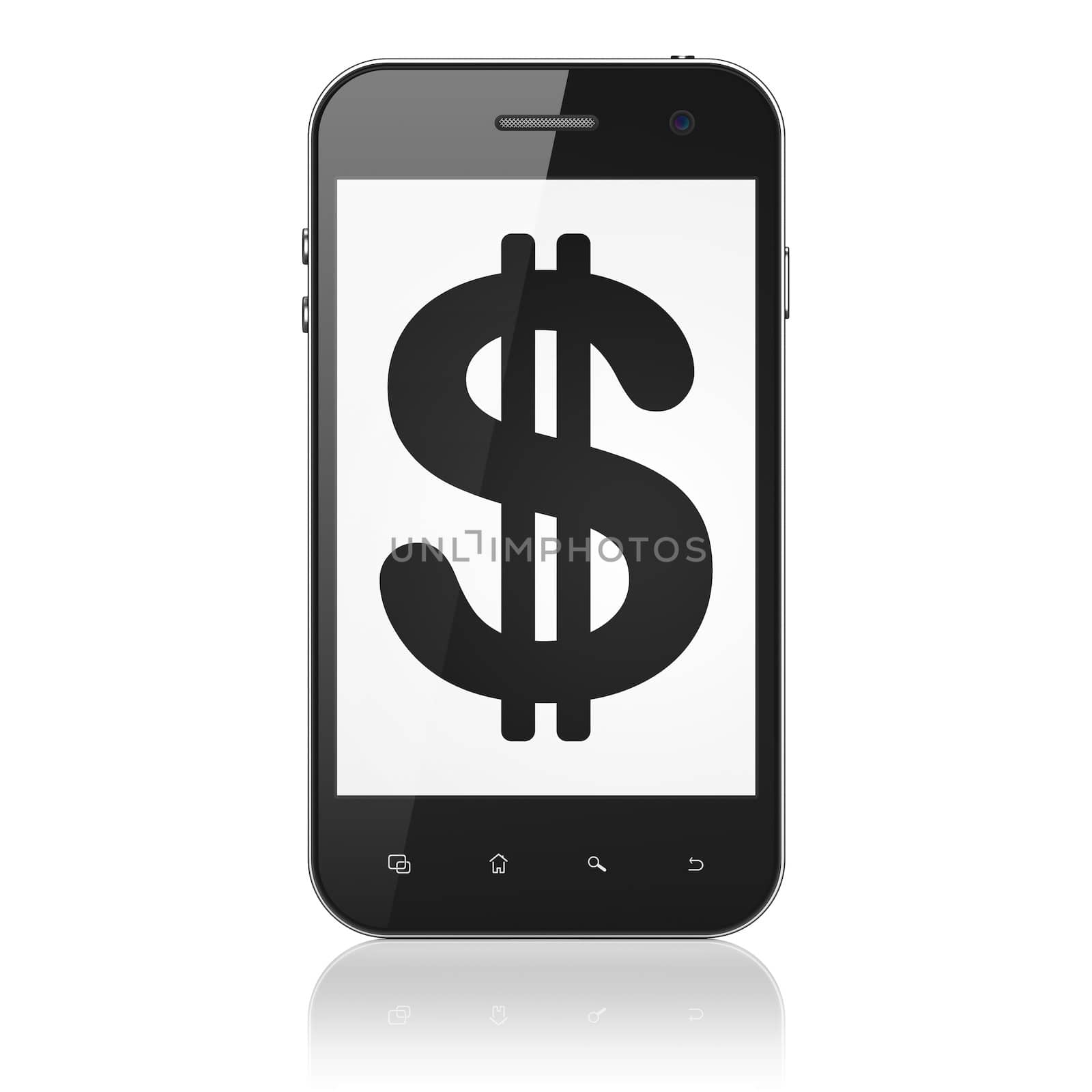 Currency concept: smartphone with Dollar icon on display. Mobile smart phone on White background, cell phone 3d render