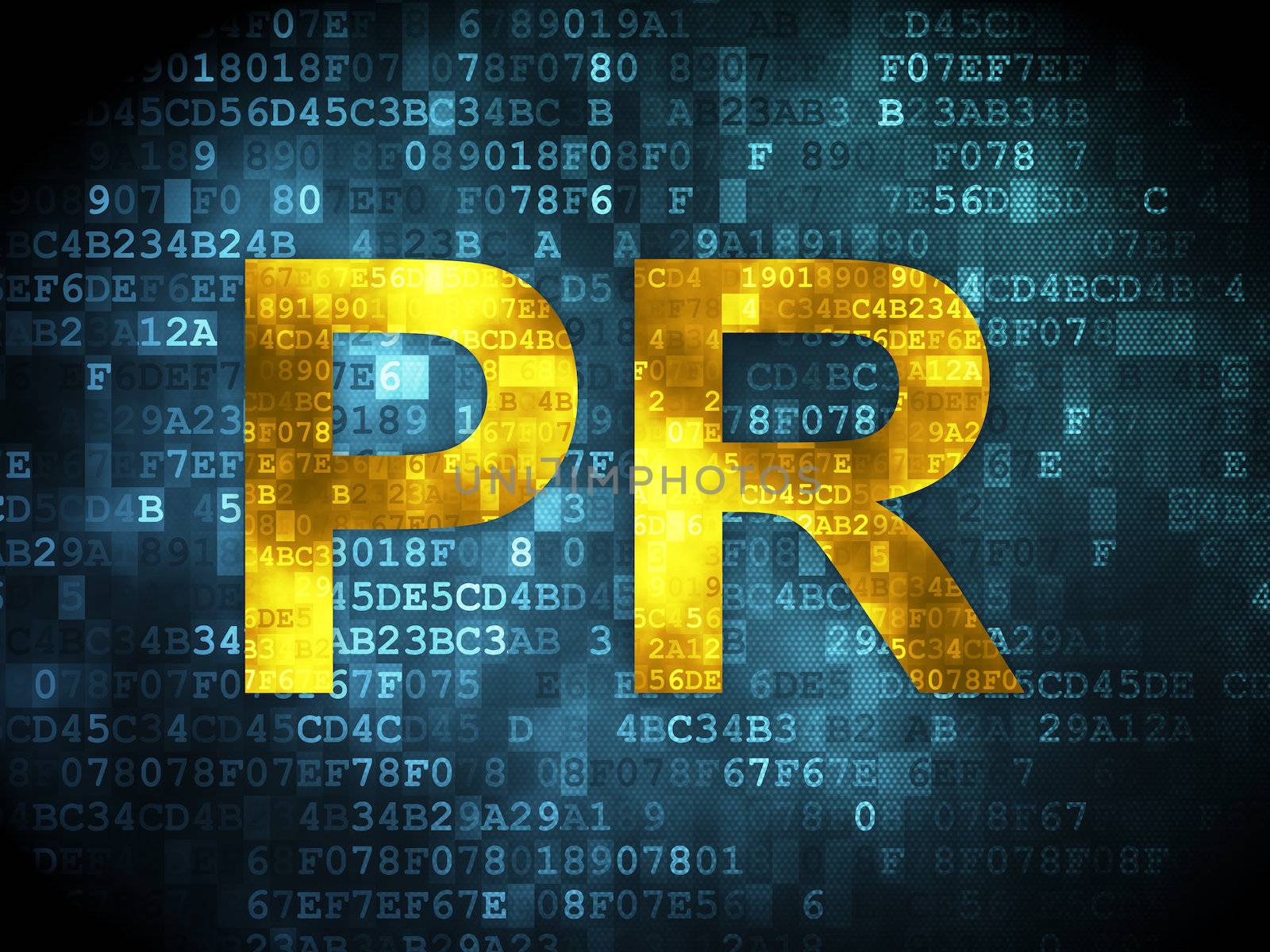 Marketing concept: pixelated words PR on digital background, 3d render