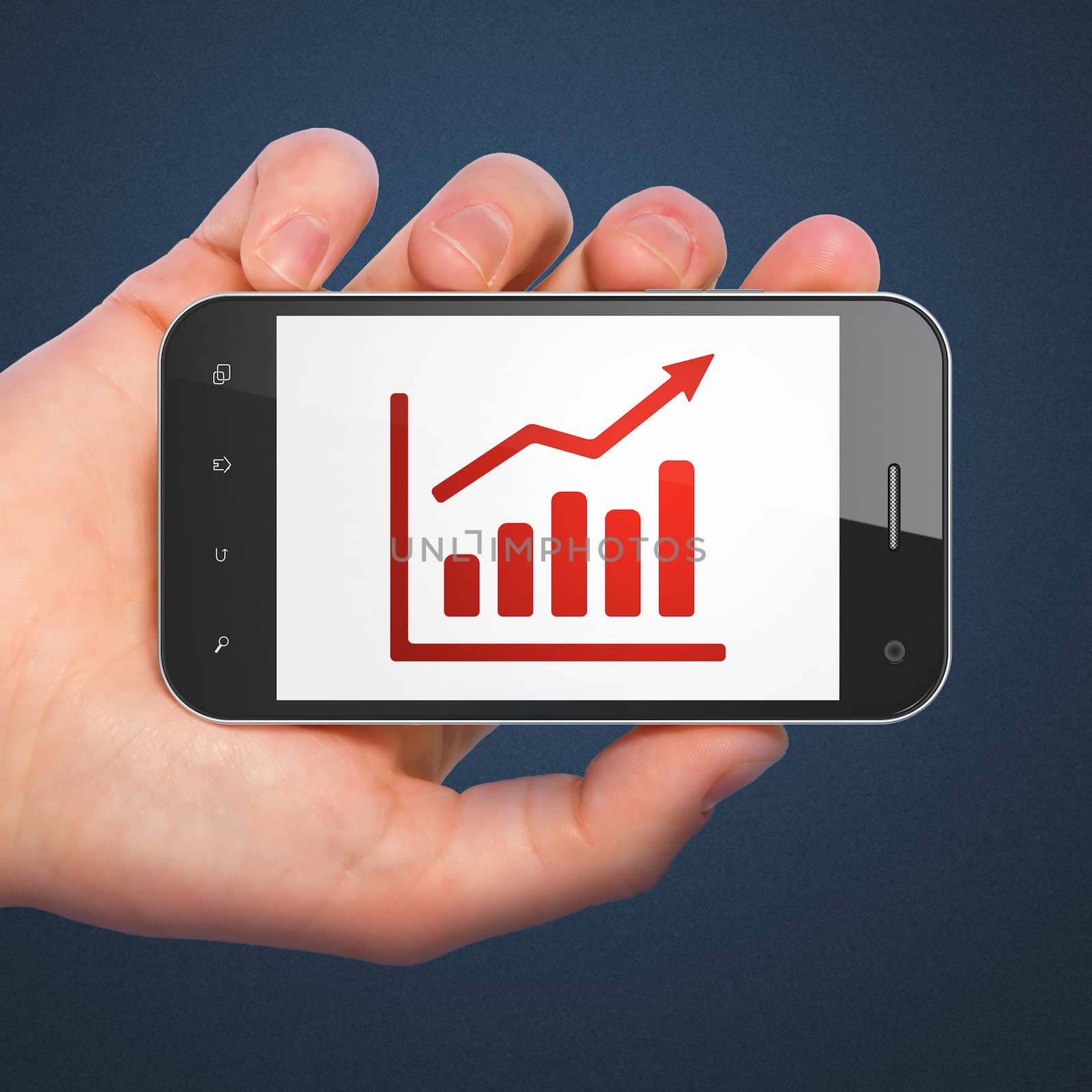 Business concept: hand holding smartphone with Growth Graph on display. Mobile smart phone in hand on Blue background, 3d render