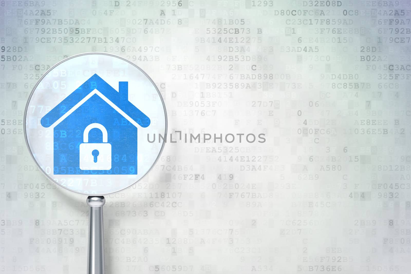 Security concept: magnifying optical glass with Home icon on digital background, empty copyspace for card, text, advertising, 3d render
