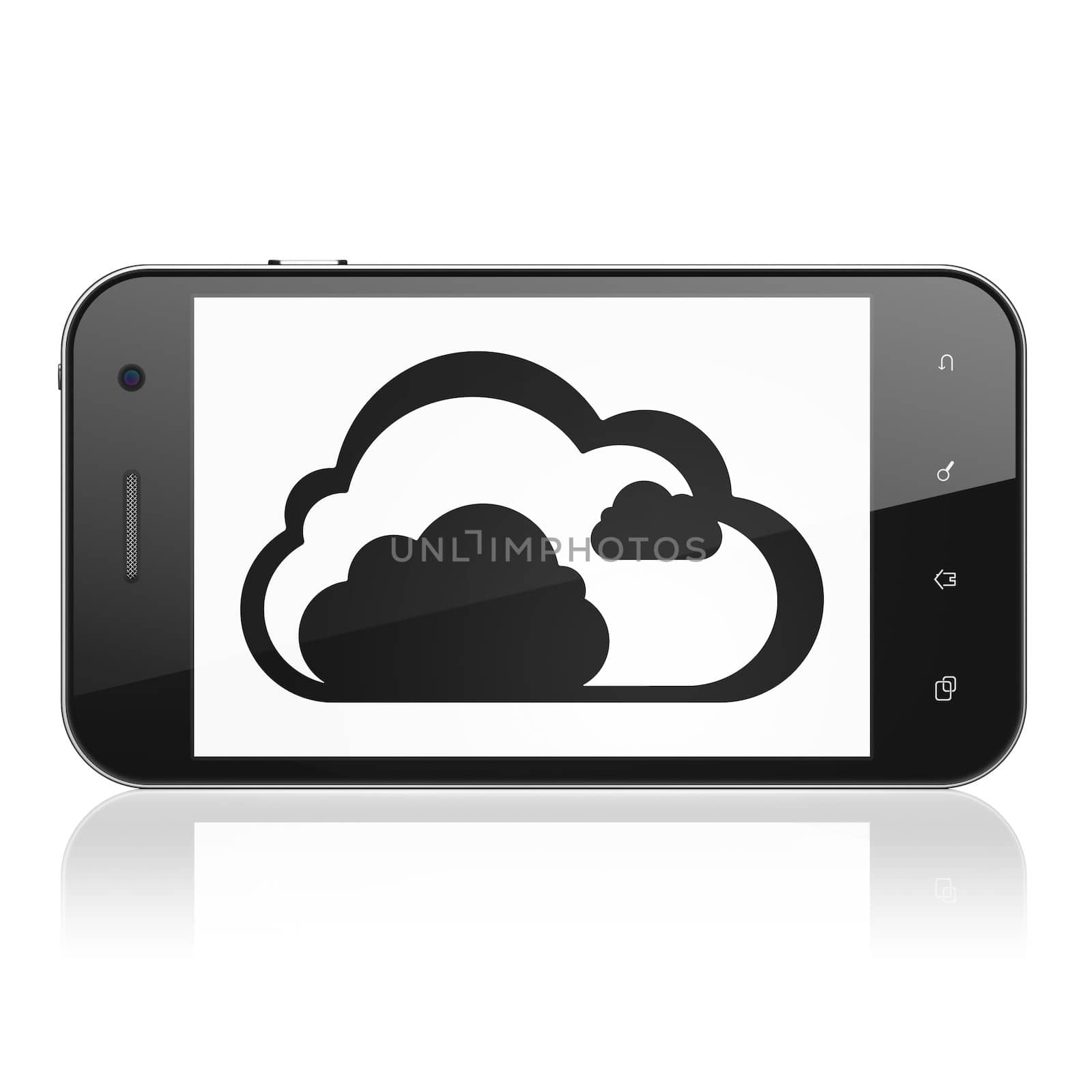 Cloud computing concept: smartphone with Cloud icon on display. Mobile smart phone on White background, cell phone 3d render