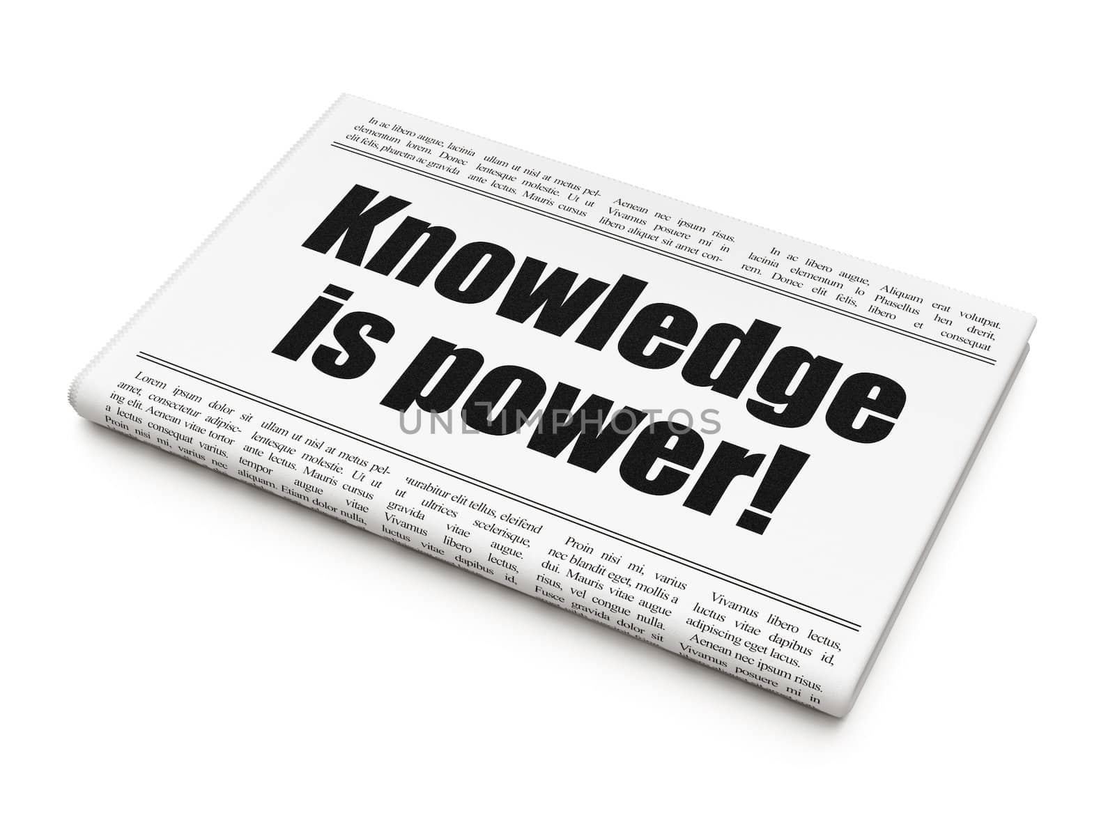 Education news concept: newspaper headline Knowledge Is power! on White background, 3d render