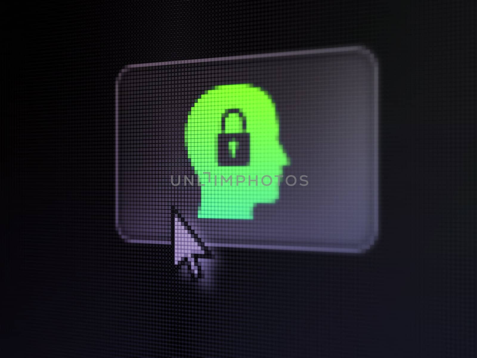 Finance concept: pixelated Head With Padlock on button with Arrow cursor on digital computer screen, selected focus 3d render