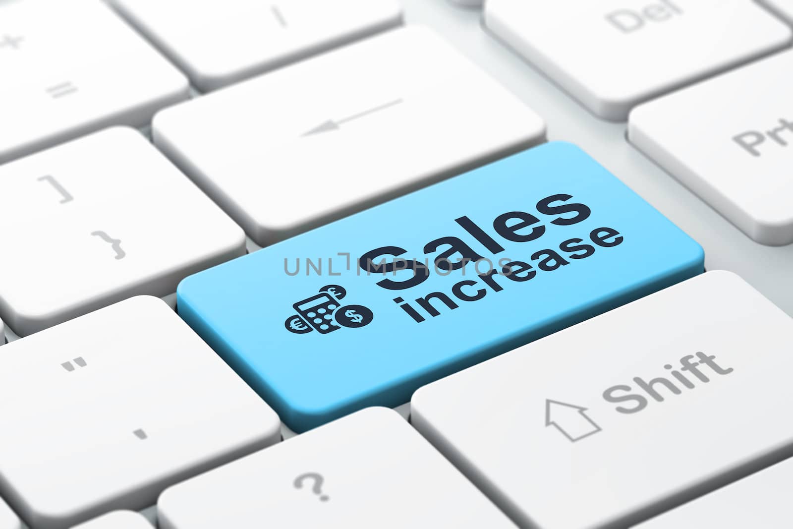 Advertising concept: computer keyboard with Calculator icon and word Sales Increase, selected focus on enter button, 3d render
