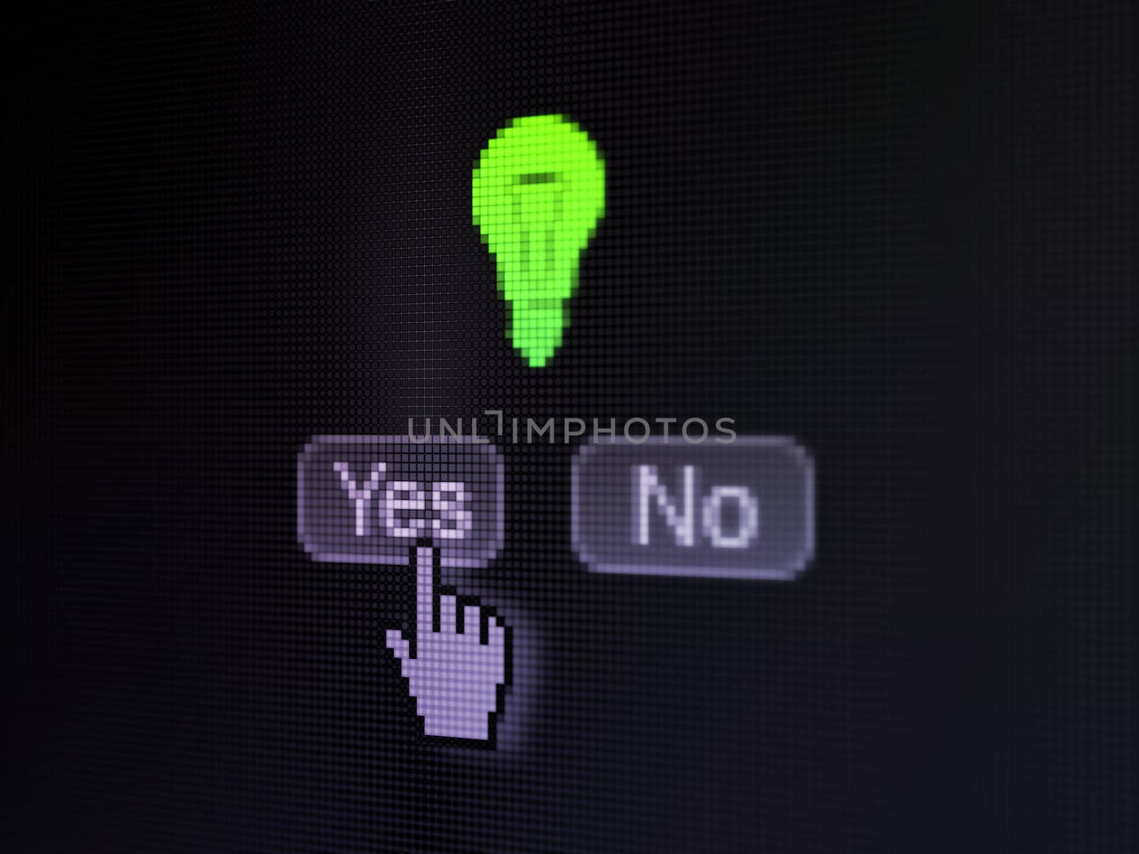Business concept: buttons yes and no with pixelated Light Bulb icon and Hand cursor on digital computer screen, selected focus 3d render