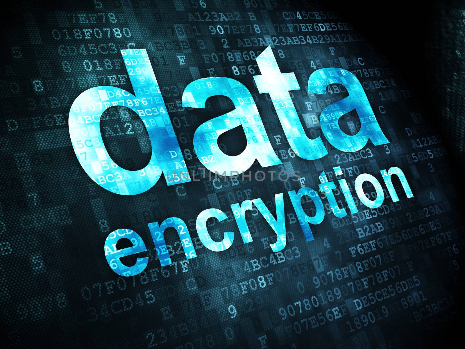 Protection concept: pixelated words Data Encryption on digital background, 3d render