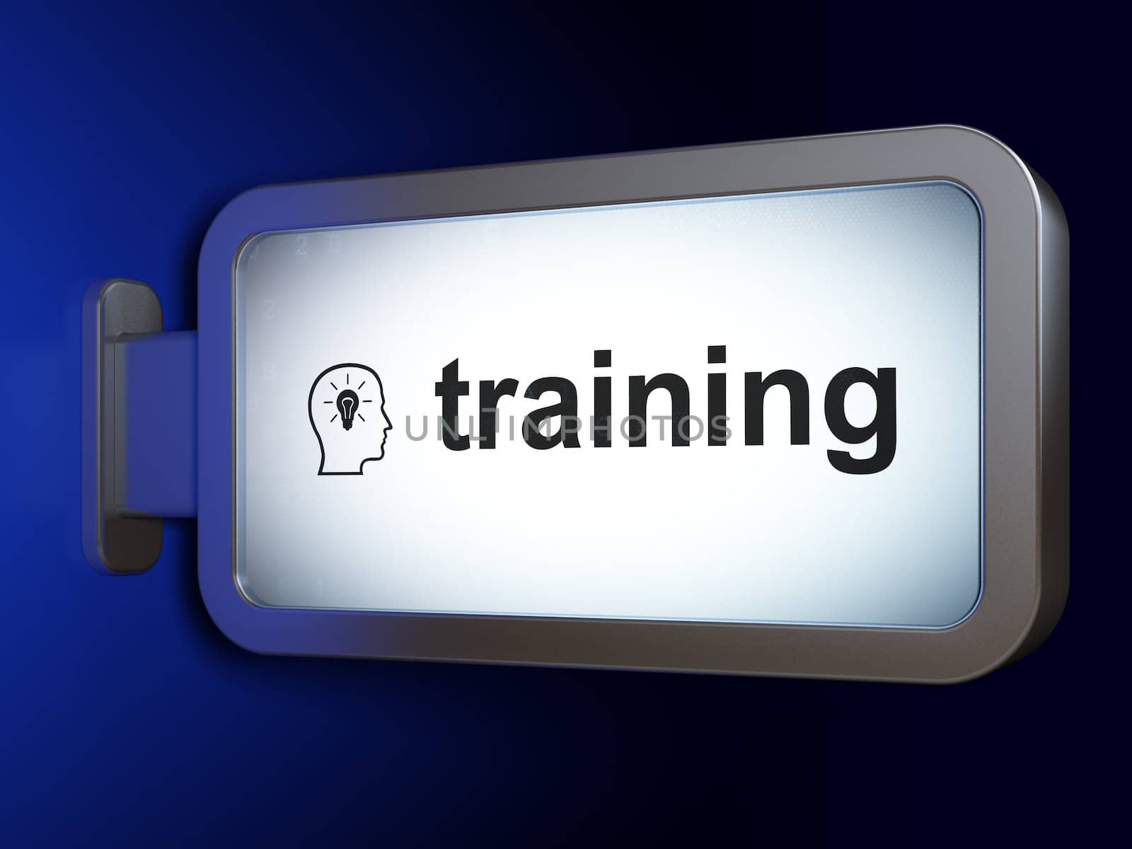 Education concept: Training and Head Whis Lightbulb on advertising billboard background, 3d render