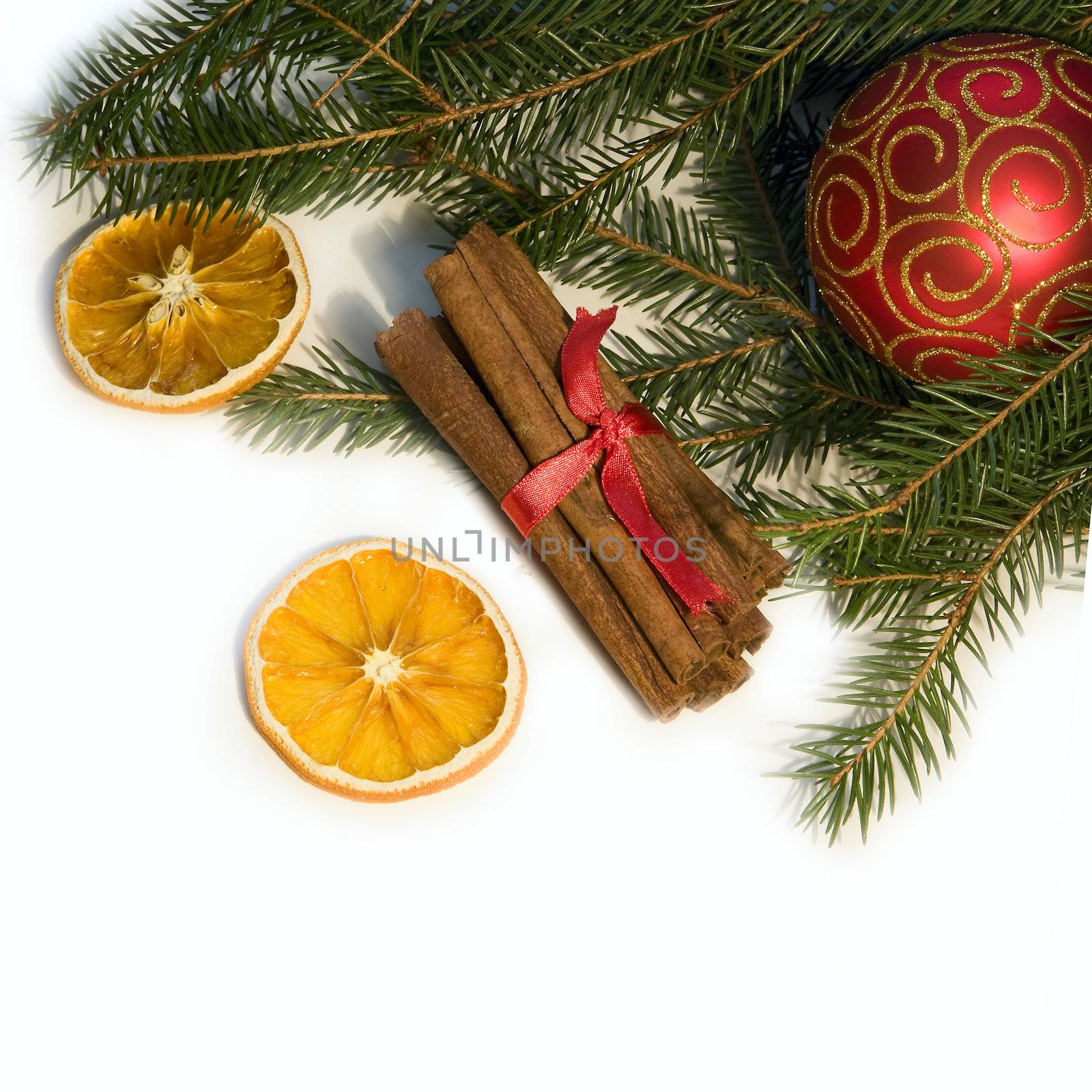 Christmas red ball, twig of fir, orang� and  cinnamon by foryouinf