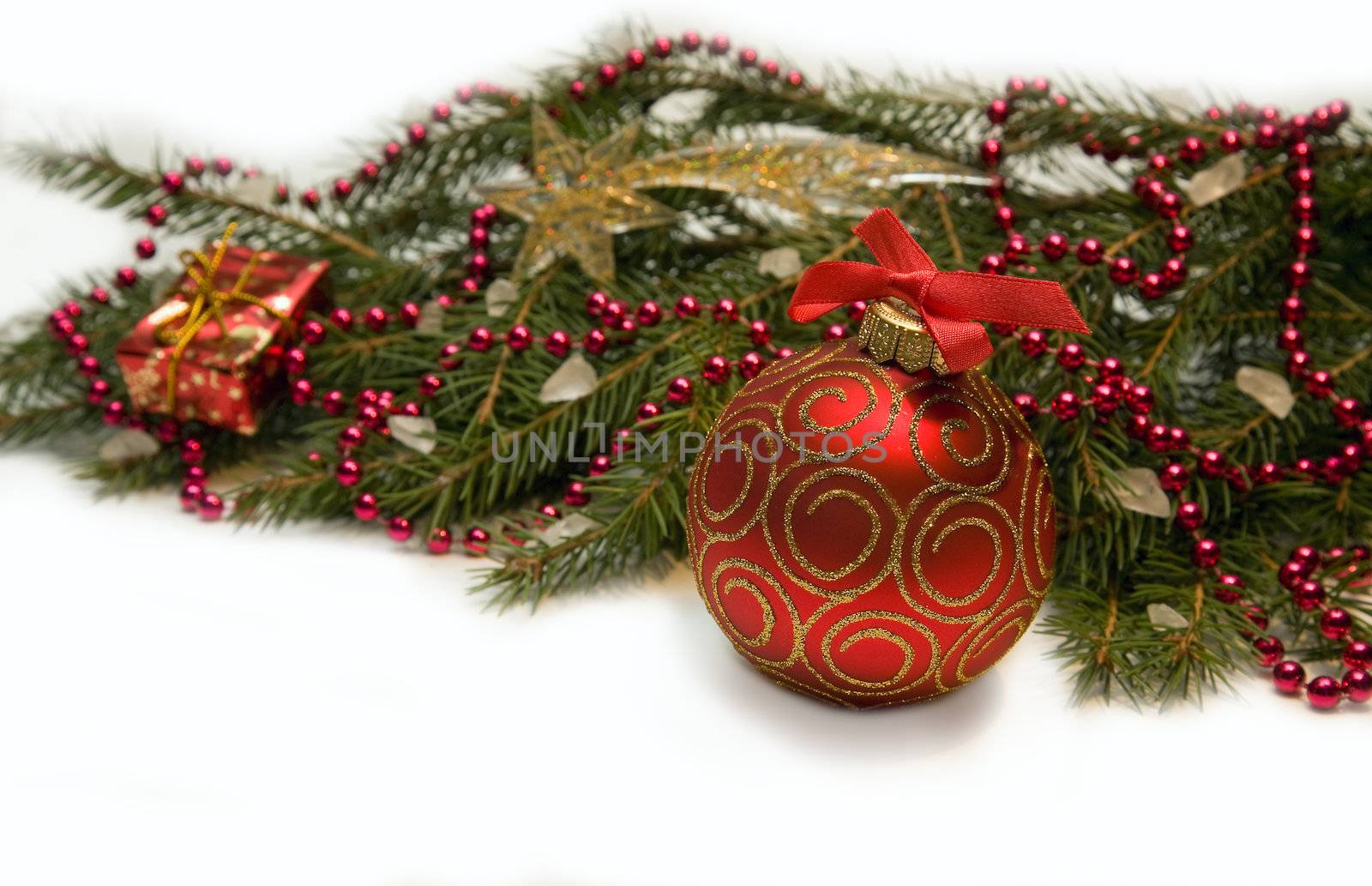 Christmas red ball, twig of fir , beads by foryouinf