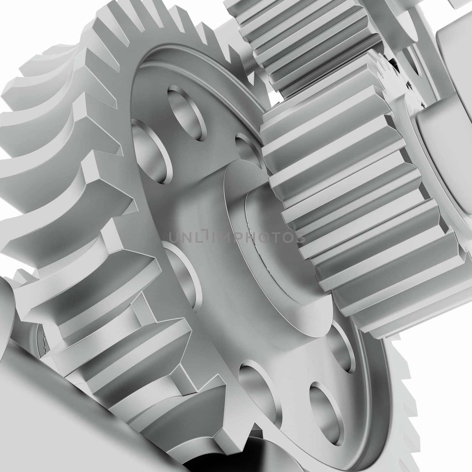 Metal shafts, gears and bearings. 3d render on white background