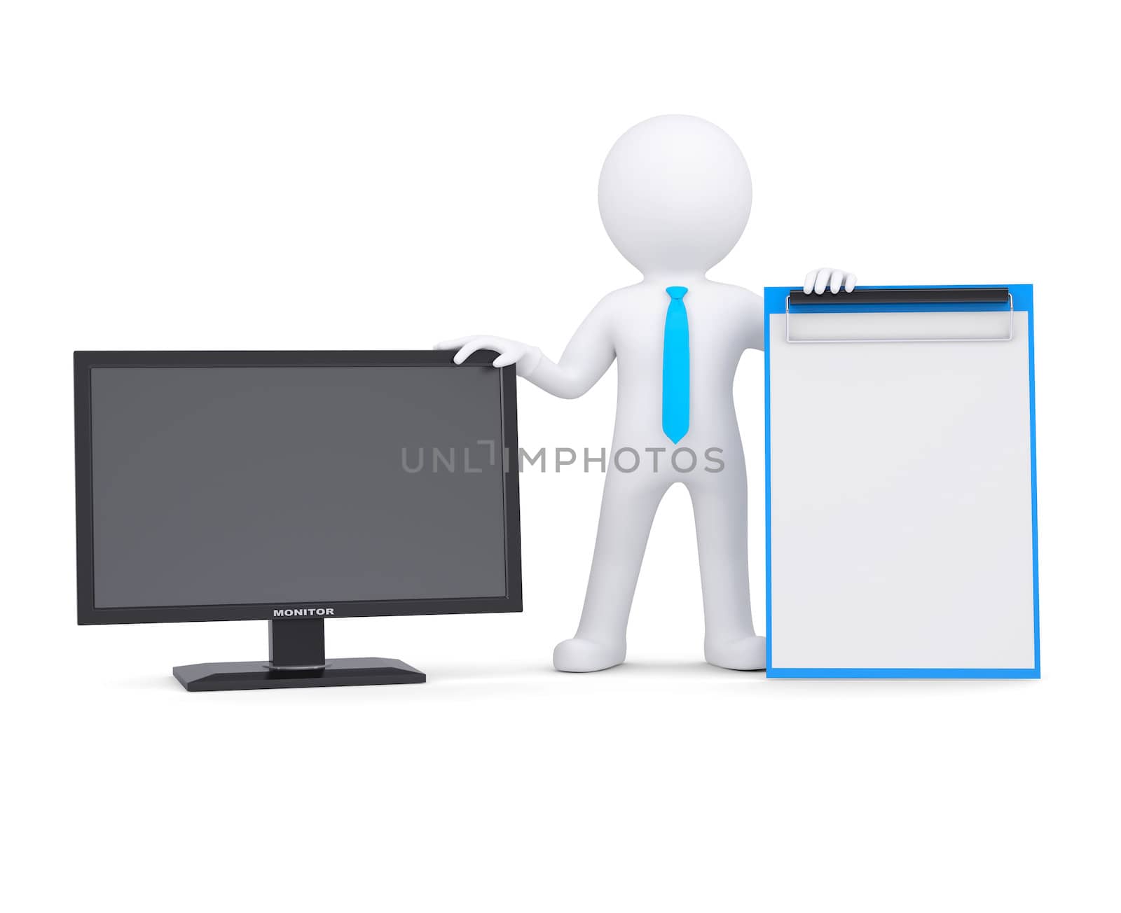 3d white man and the monitor. Isolated render on a white background