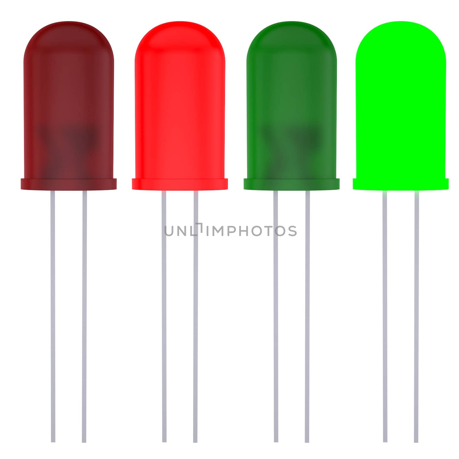 Red and green LEDs. 3d render isolated on white background
