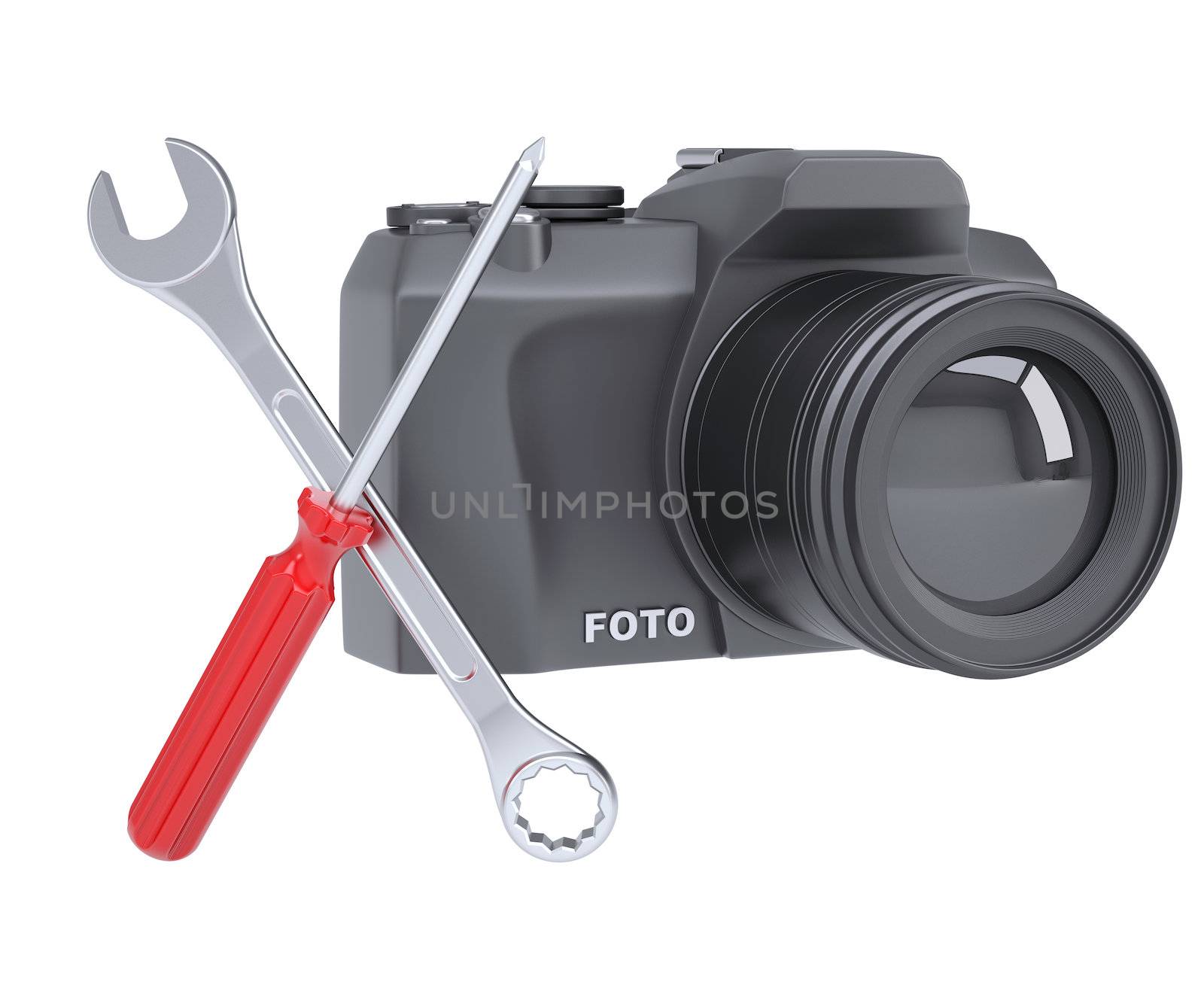 SLR camera, a screwdriver and a wrench. 3d render isolated on white background