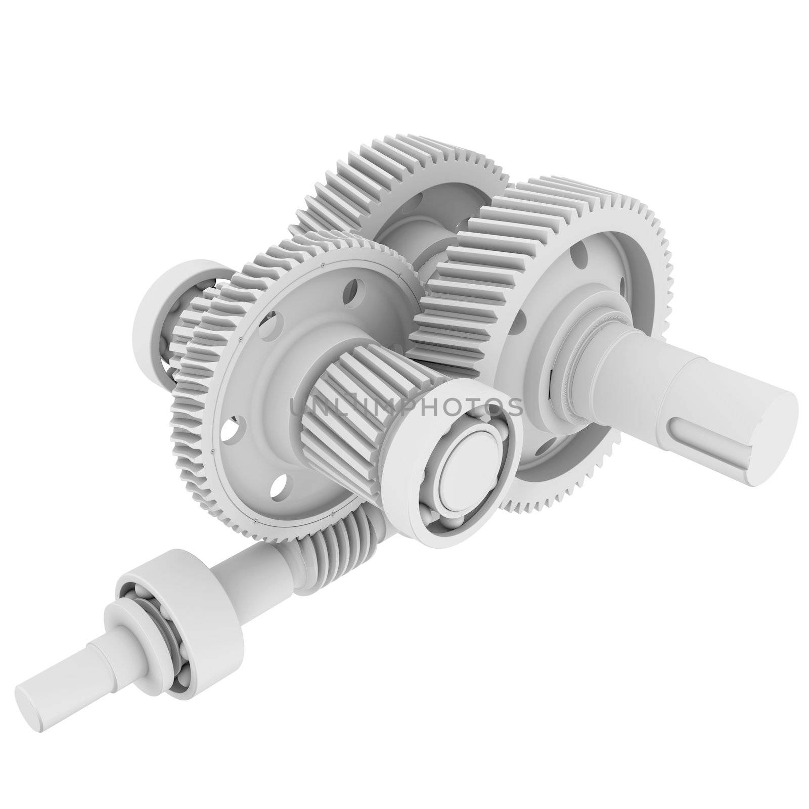 White shafts, gears and bearings. 3d render isolated on white background