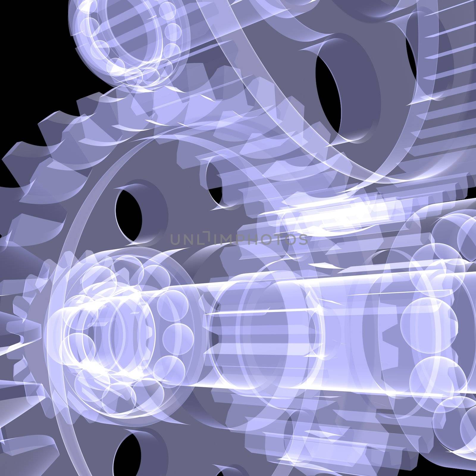 White shafts, gears and bearings. X-ray render on black background