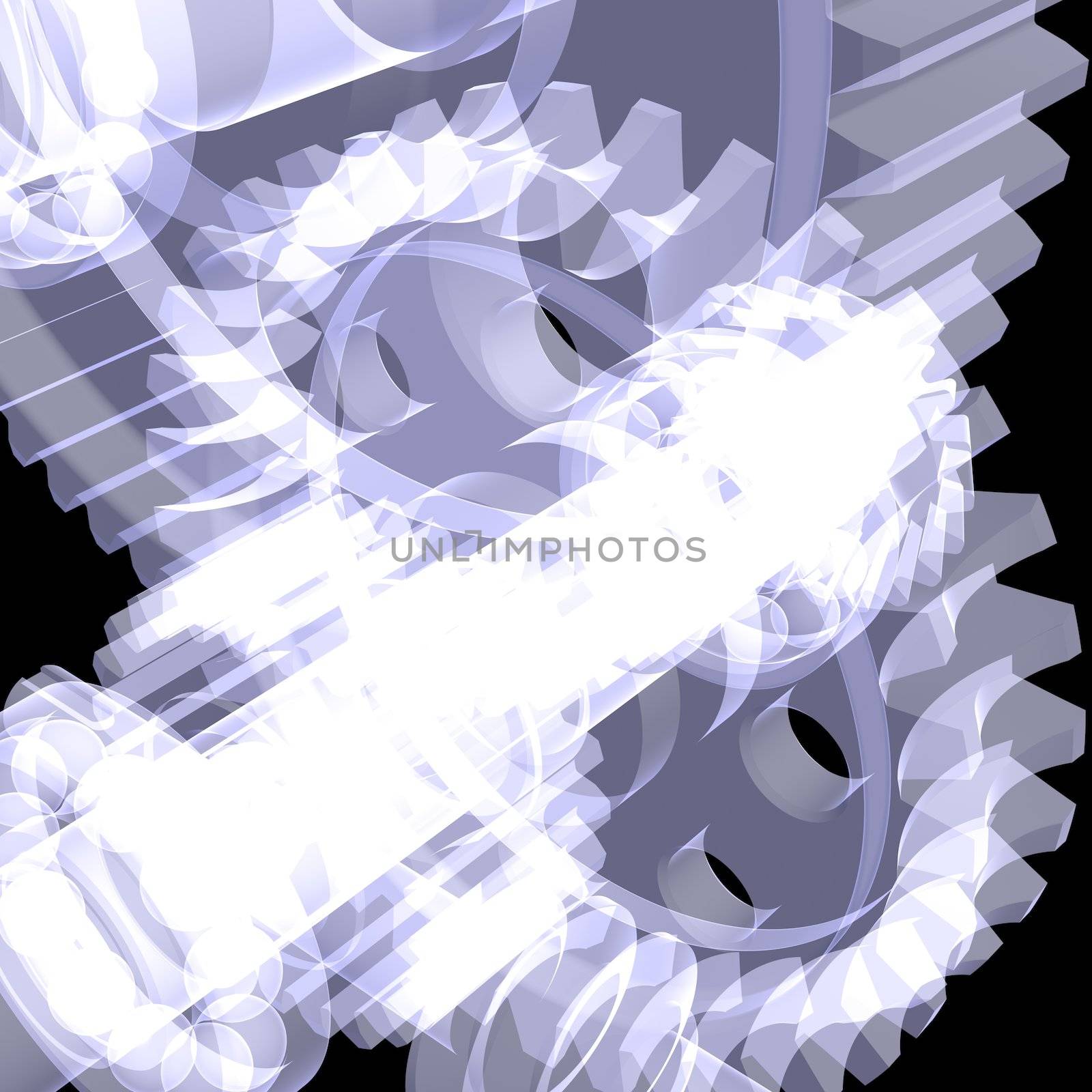 White shafts, gears and bearings. X-ray render on black background