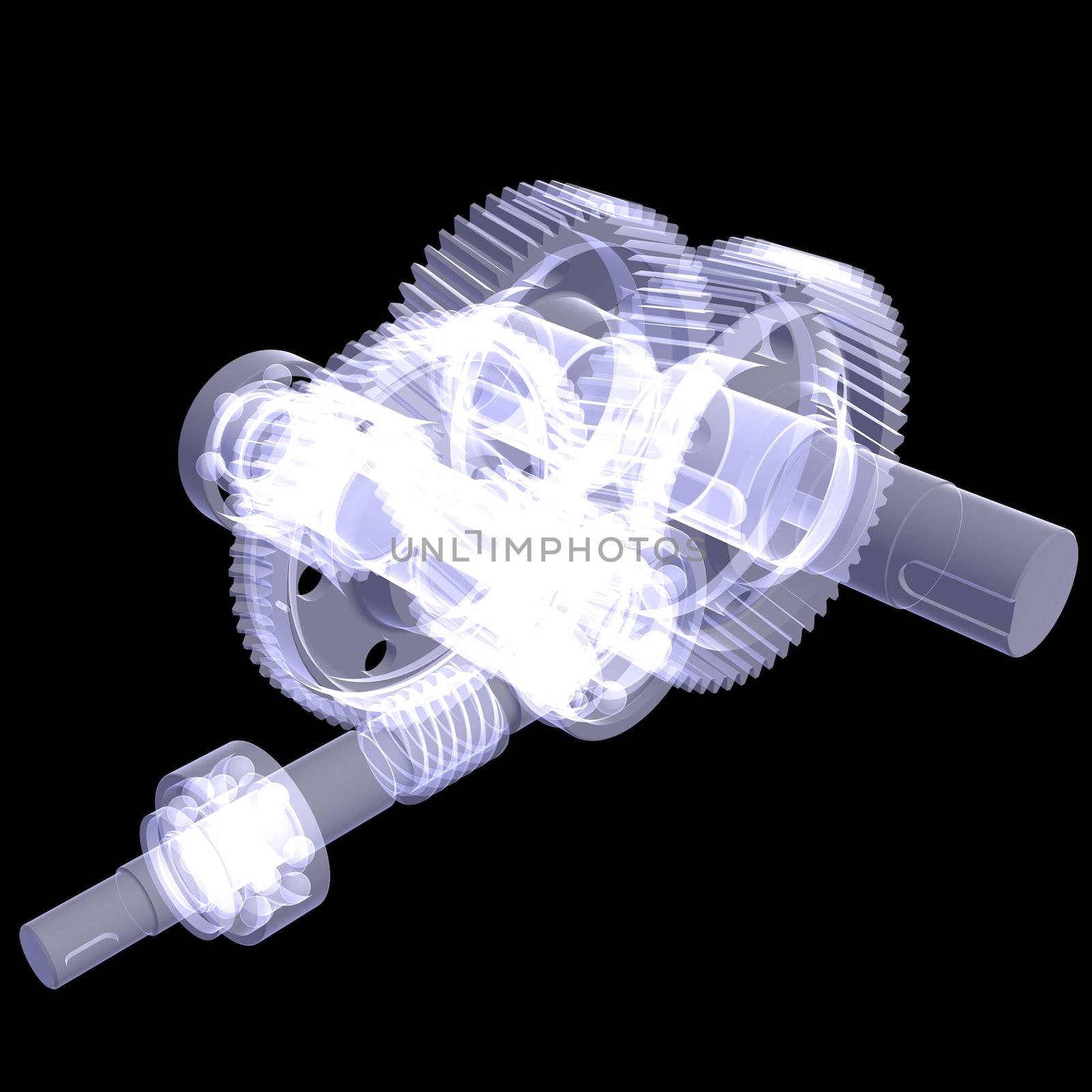 White shafts, gears and bearings. X-ray render isolated on black background