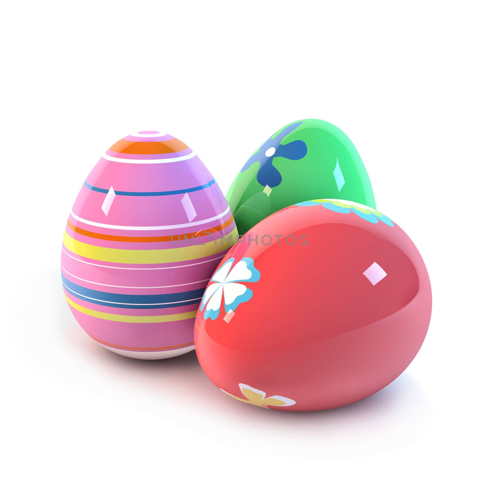 Set of Easter eggs decorated with different paintings aligned on white background