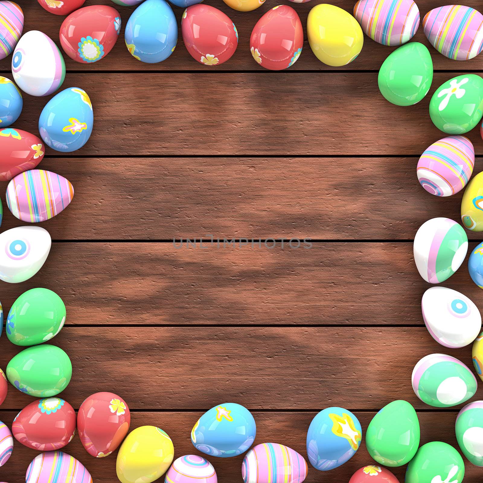 Colorful Easter eggs on a table forming a frame
