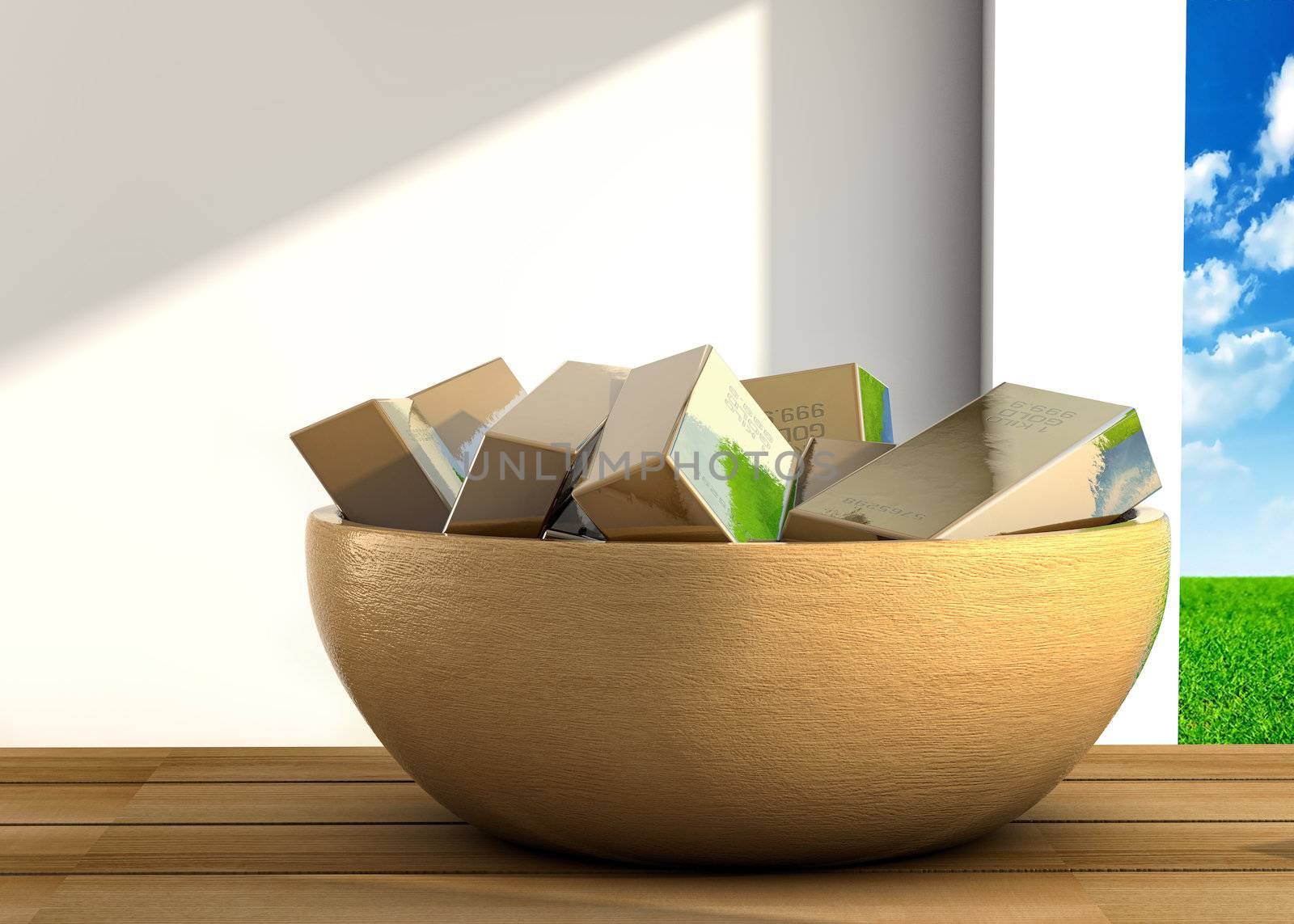 wood bowl filled with gold on a table