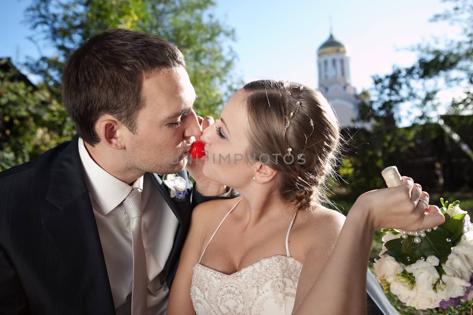 Beautiful bride in white with handsome groom on wedding day