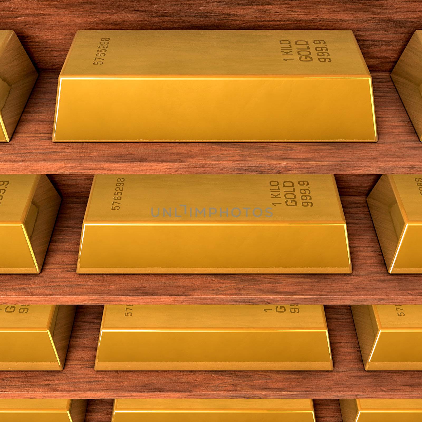 Several gold bars on wood shelves