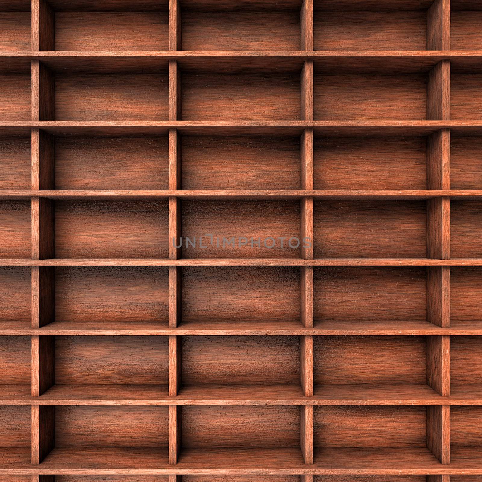 Several brown wood shelves with slots