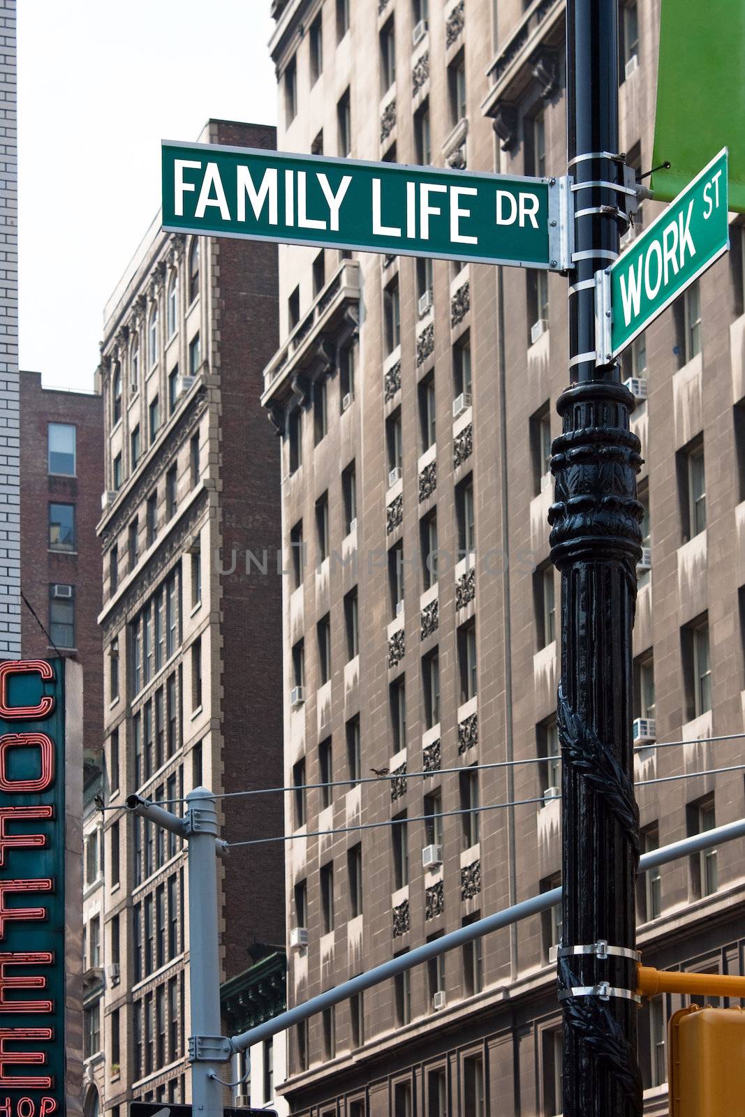 Two street signs representing the balance needed between work and family life.