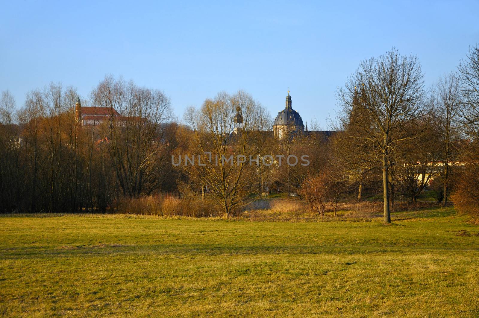 The view at the Dom (Cathedral) and a Monastery on a Frauenberg from Aue Park in Fulda, Hessen, Germany