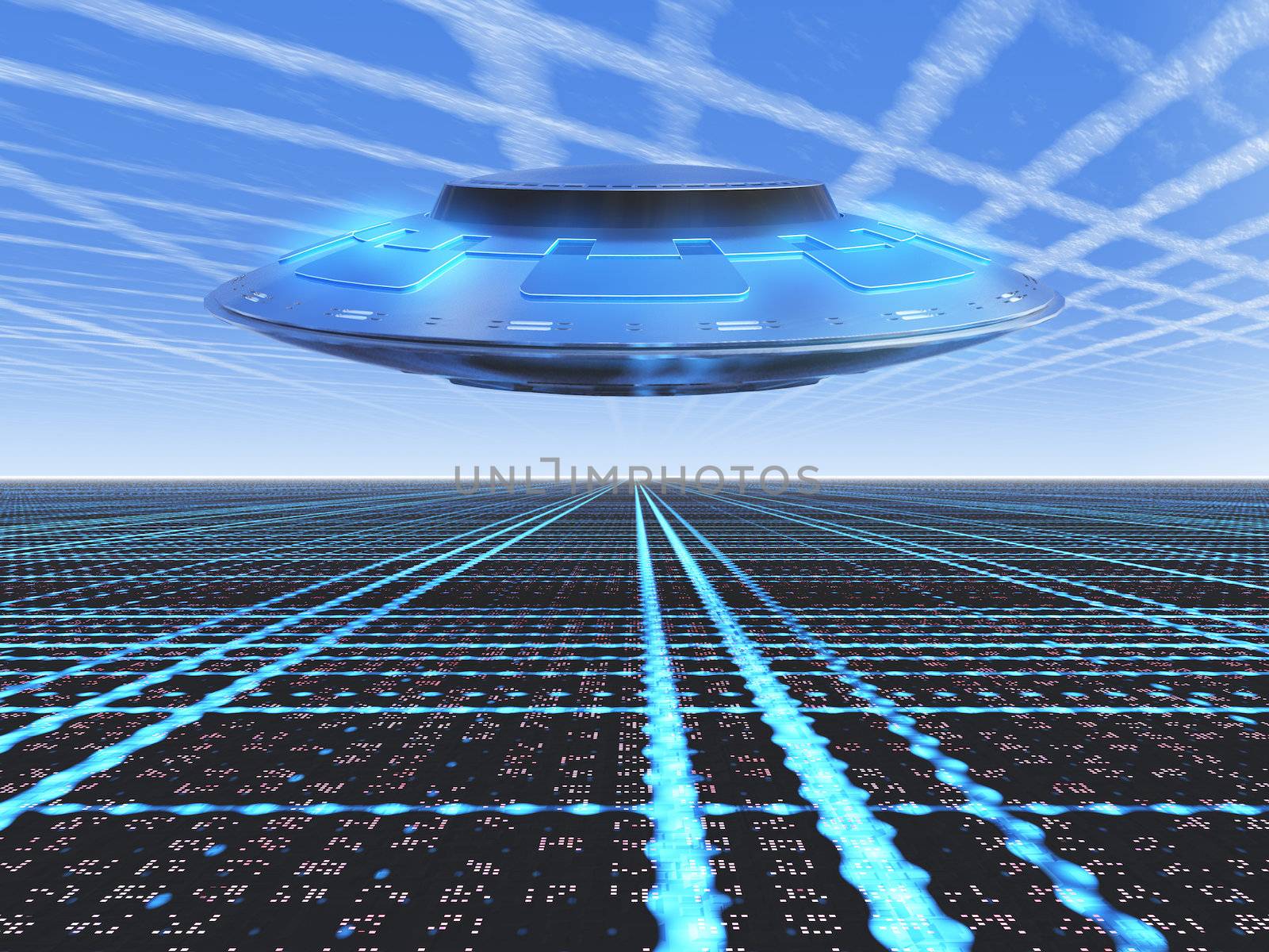 A infinite grid horizon with a flying UFO  by truelight