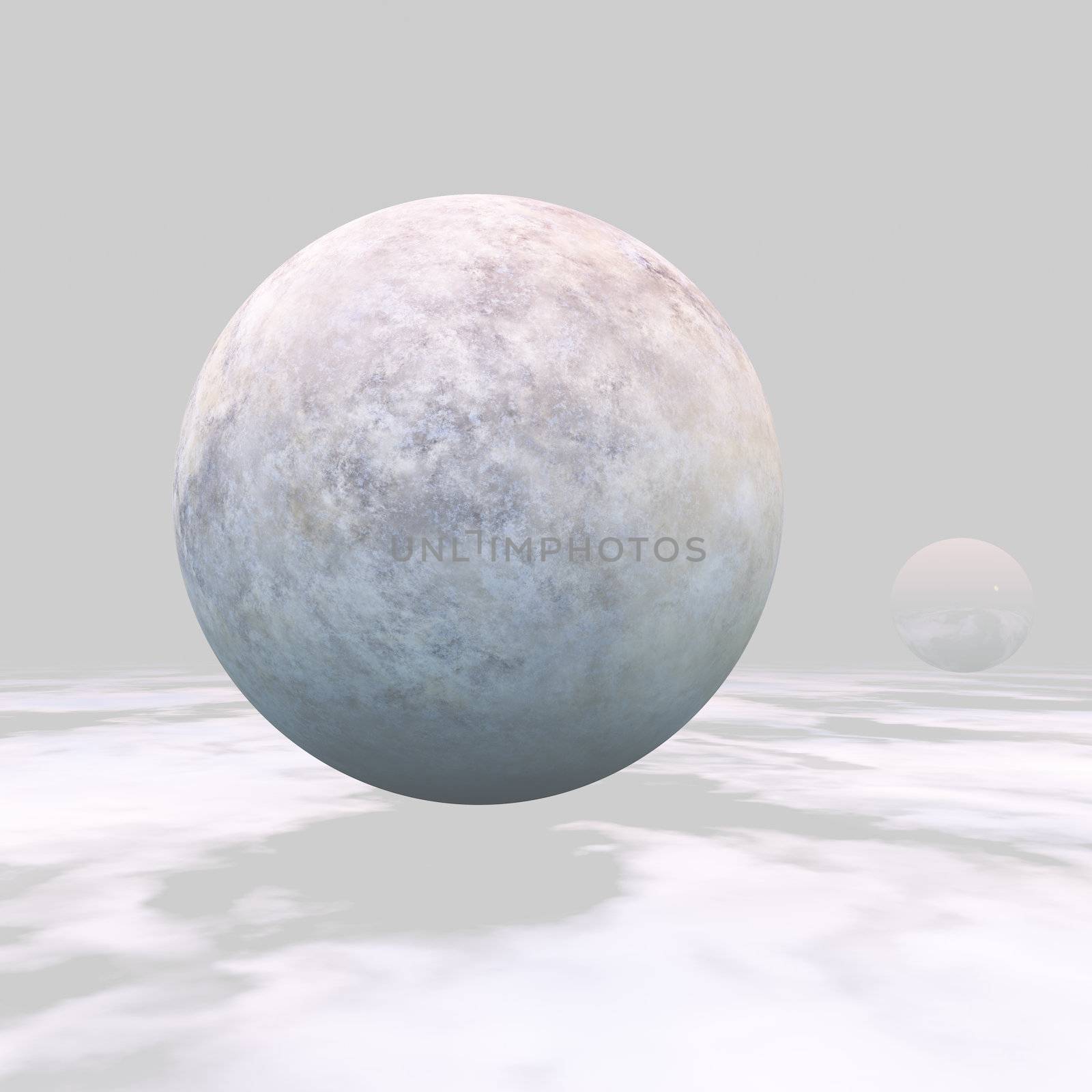 Horizon of floating earth spheres background.
