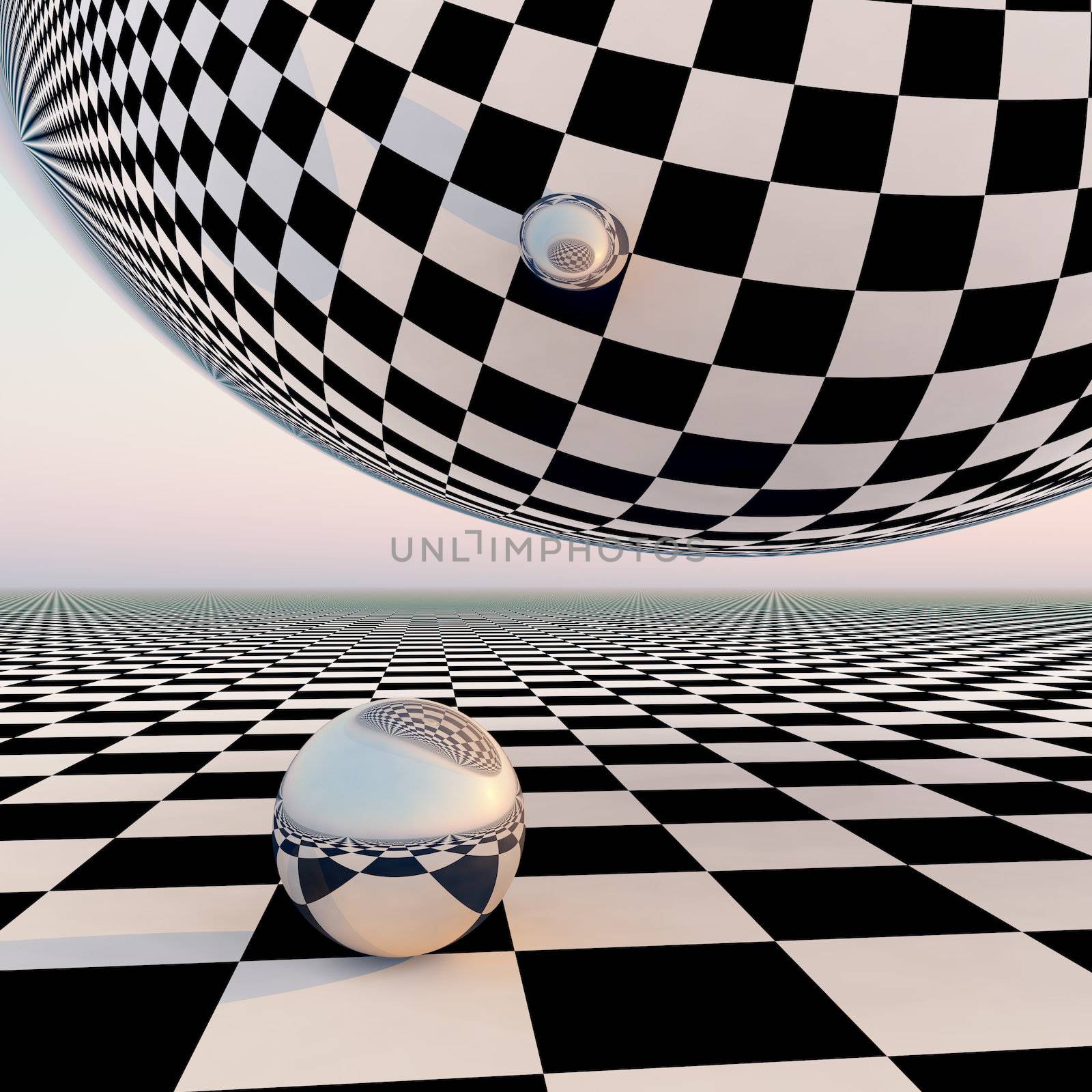 A grid checkered pattern horizon background with a silver mirror orbs.  Abstract concept to leading into future events.