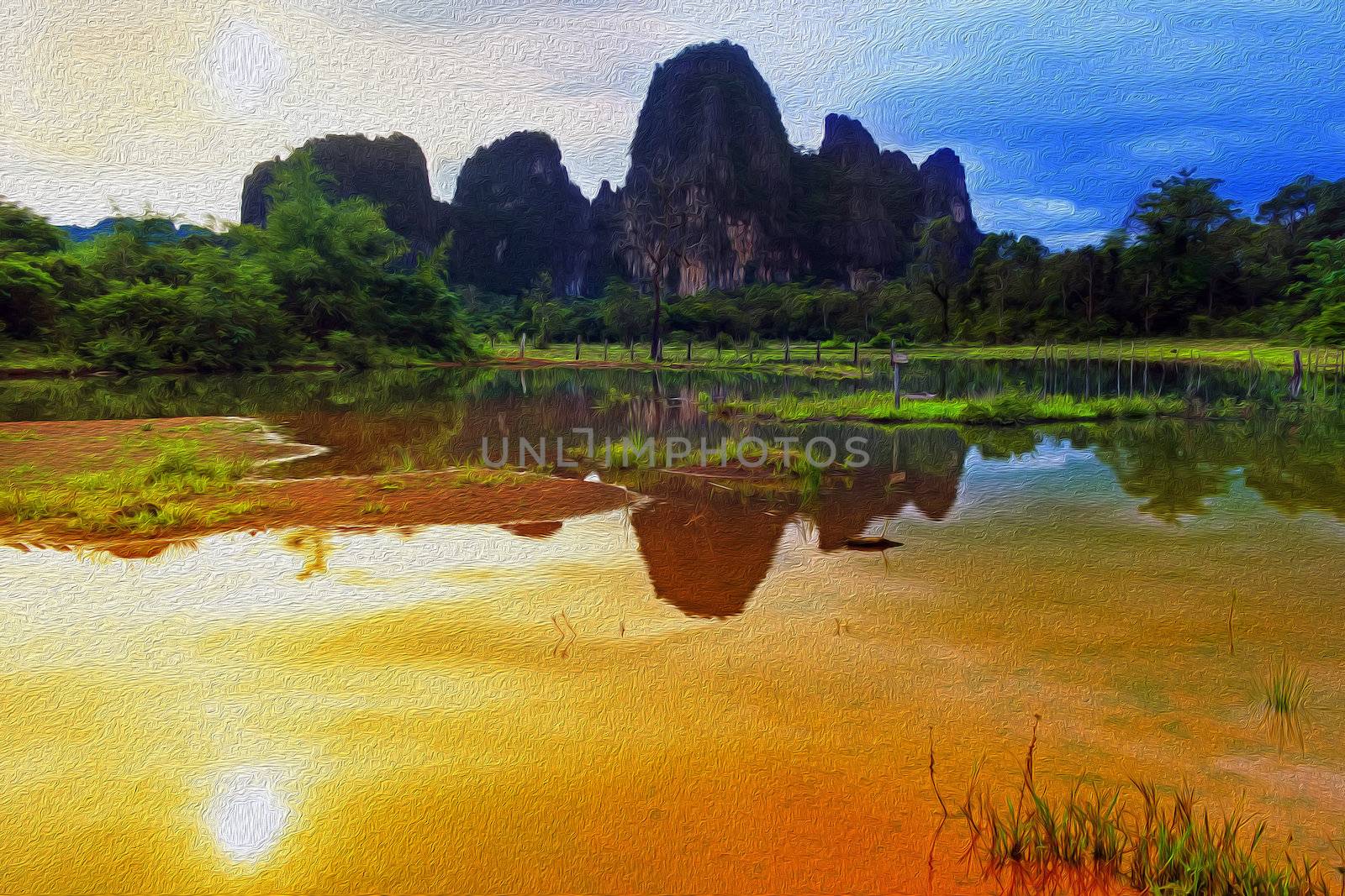 Reflections of Laos. Sun in Water, Khammouane province.