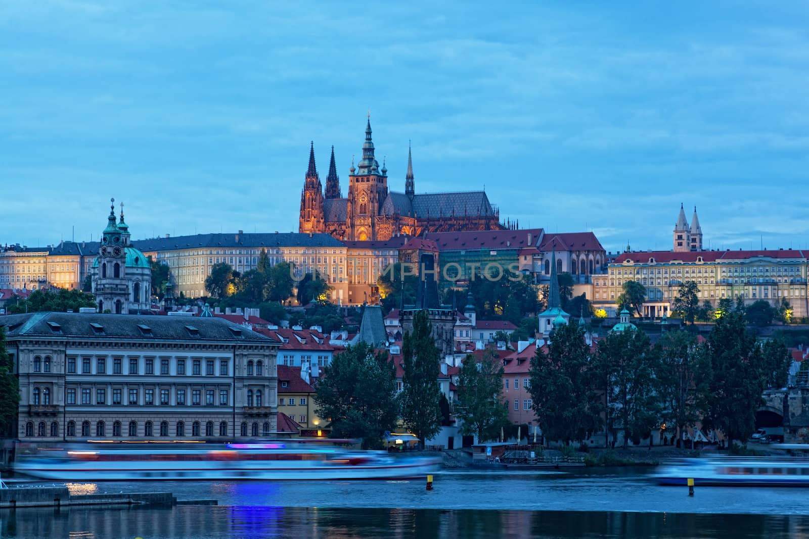 Night view of Prague - river Vltava, Gradchany, St. Vitus's cathedral