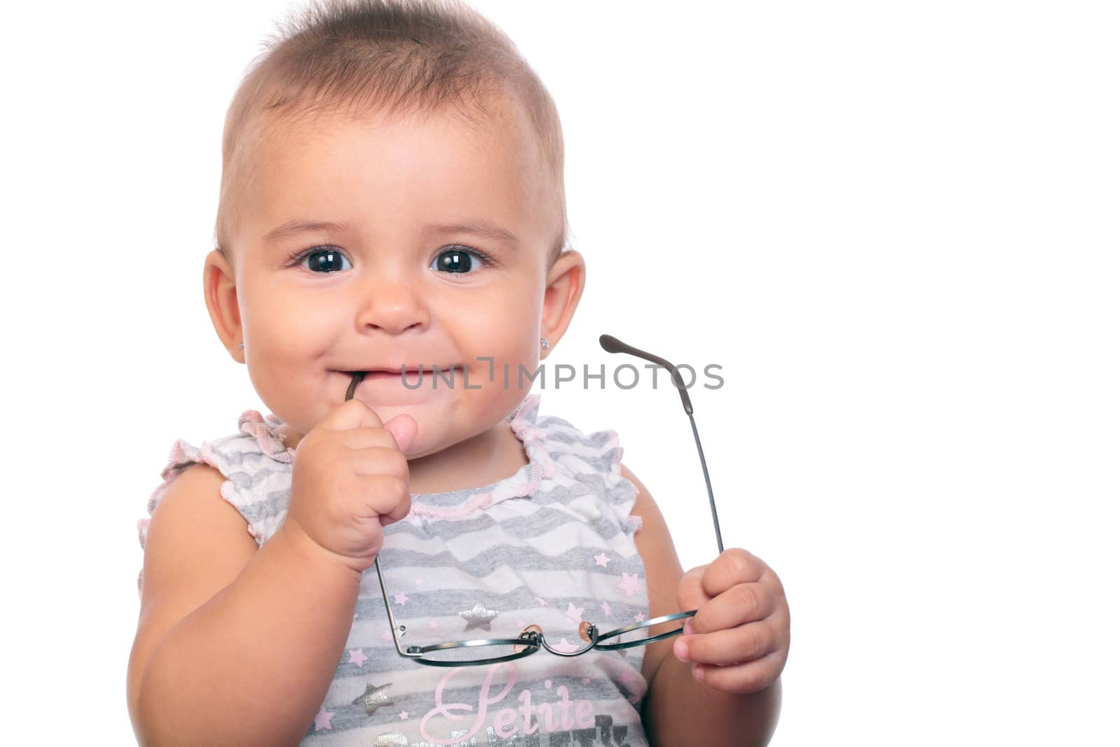 a beautiful baby with glasses isolated on white