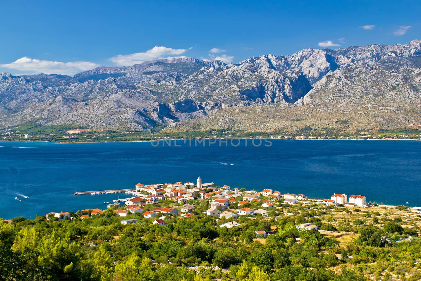 Green nature and blue sea, view of Town of Vinjerac and Paklenica national park on Velebit mountain